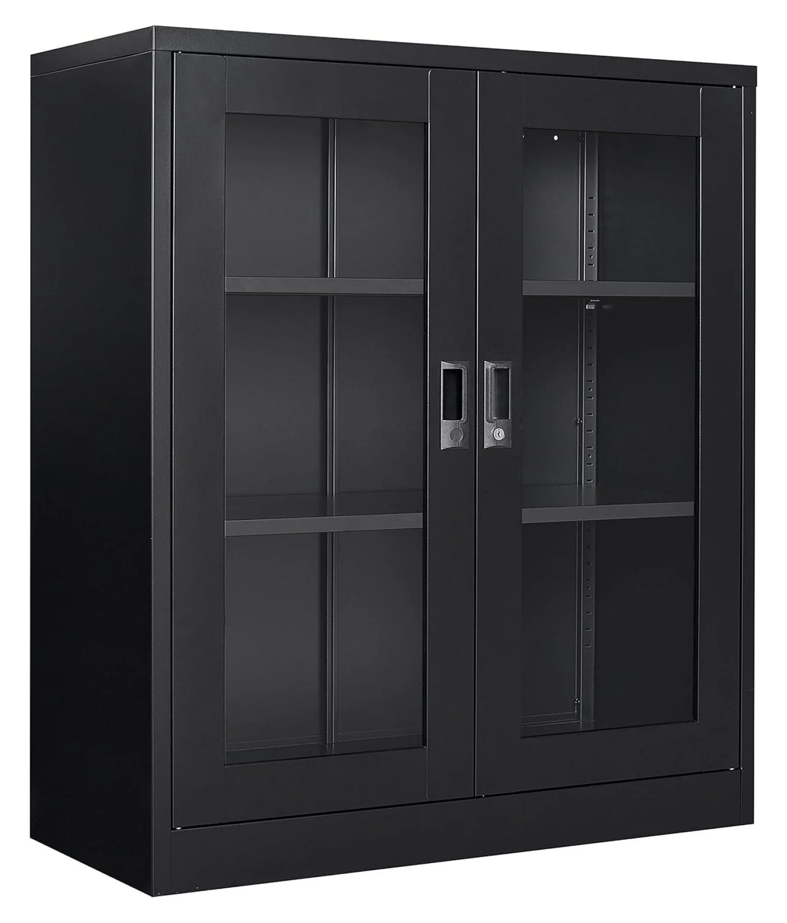 saney Black Metal Storage Cabinet with Doors and Shelves,Glass Cabinet Display Cabinet with Glass Doors,Office Cabinet with Storage Shelves and Double Doors, for Garage and Utility Room, Home Office - Image 2
