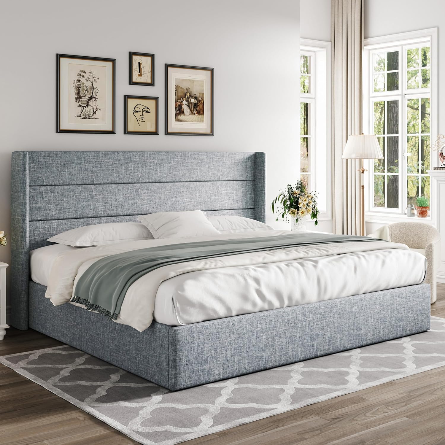 Queen Size Lift Up Storage Bed with Wingback Headboard, Upholstered Platform Bed Frame with Hidden Storage - Image 30