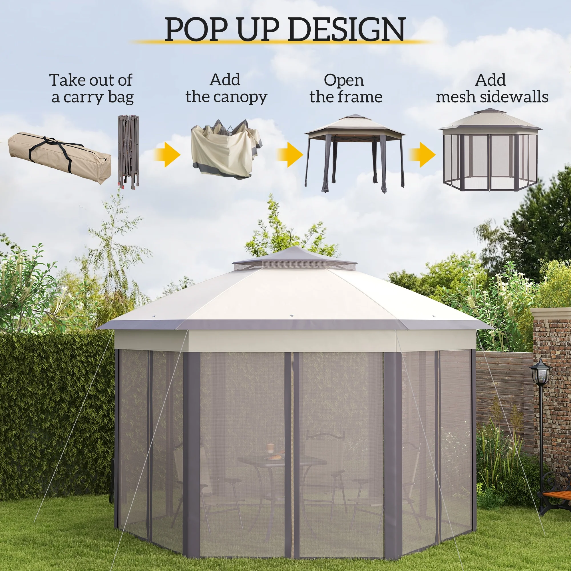 Outsunny 13' x 13' Pop Up Gazebo Hexagonal Canopy with 6 Zippered Mesh Netting, 2-Tier Roof Event Tent with Steel Frame for Patio Backyard, Gray - Image 21