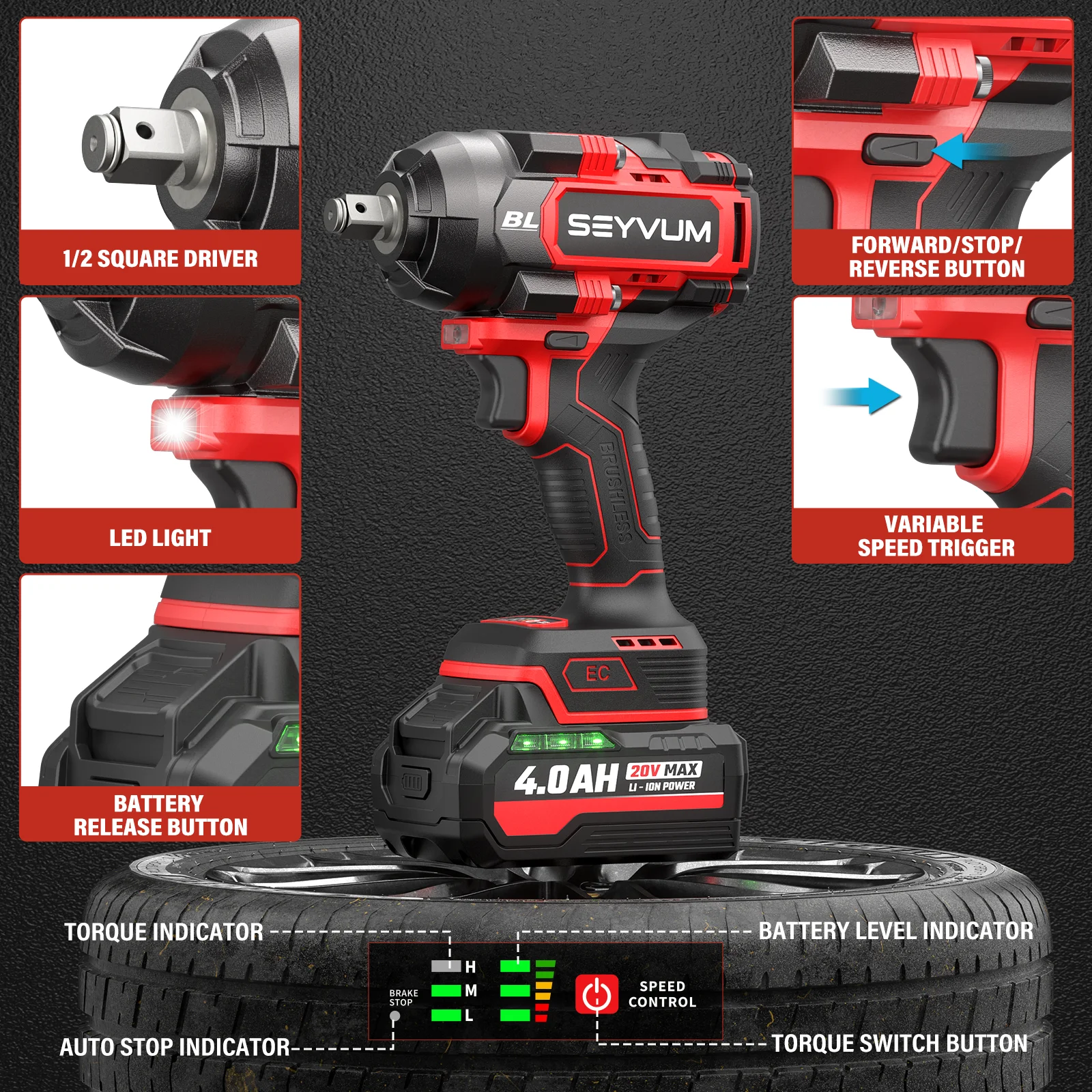 Cordless Impact Wrench, 1/2" Impact Gun, Max Torque 440 Ft-lbs (600 N.m) Heavy Duty Cordless Impact Driver, 3500 RPM Electric Impact Drill, 20V Brushless, 2x4.0Ah Li-ion Battery, 4Pcs Impact Sockets - Image 17