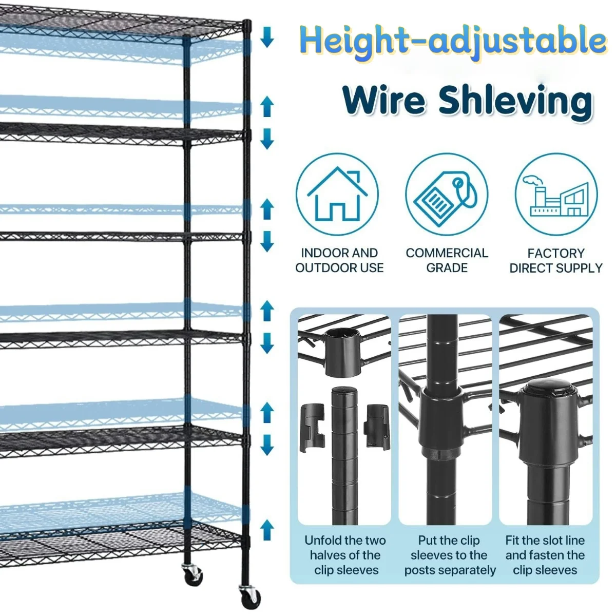 XF XINFENG 6 Tier Storage Shelves Adjustable Wire Shelving Heavy Duty Metal Shelves with Wheels 2100 lbs Capacity,Black - Image 2