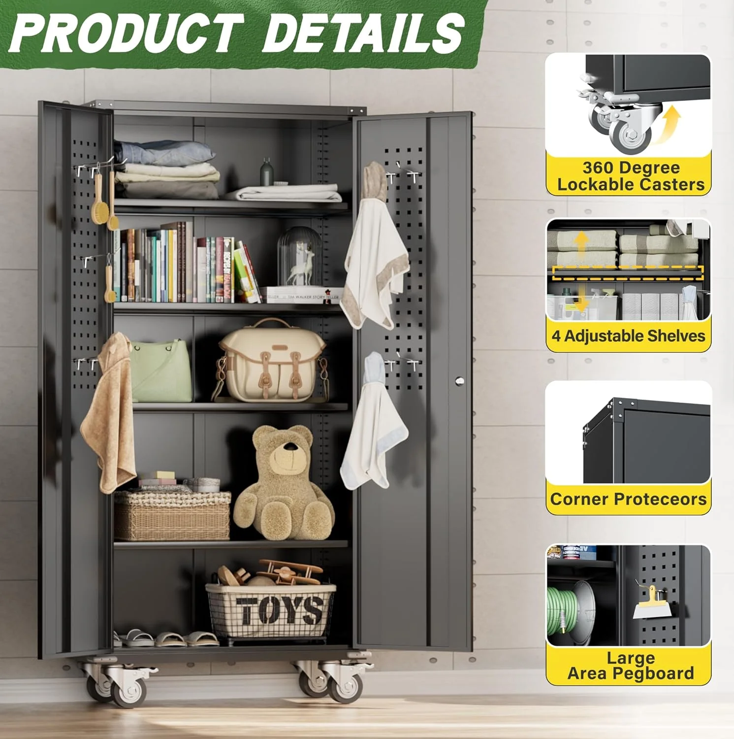 SOLAURA Metal Storage Cabinet with Wheels and Pegboard, 72" Black Garage Rolling Cabinet with 4 Adjustable Shelves, Lockable Tool Storage Cabinets for Home Office - Image 5