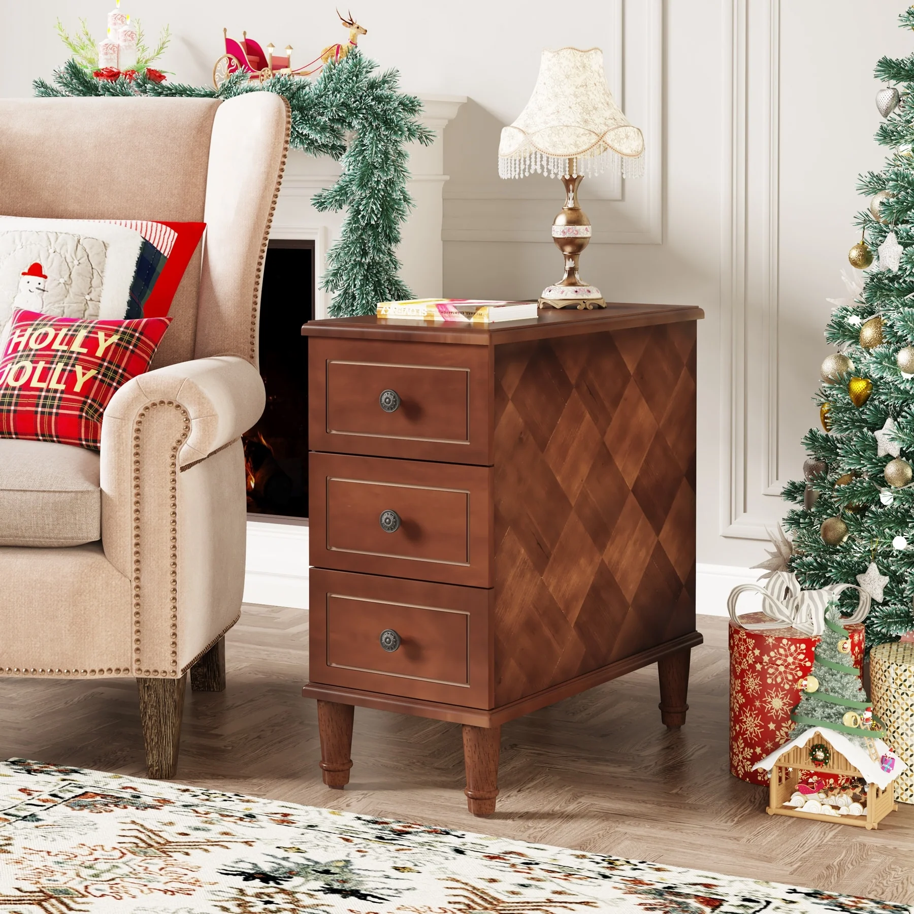 Fully Assembled Narrow End Table, Solid Wood Side Table with 3 Drawers, Vintage Nightstand for Small Spaces - Image 15
