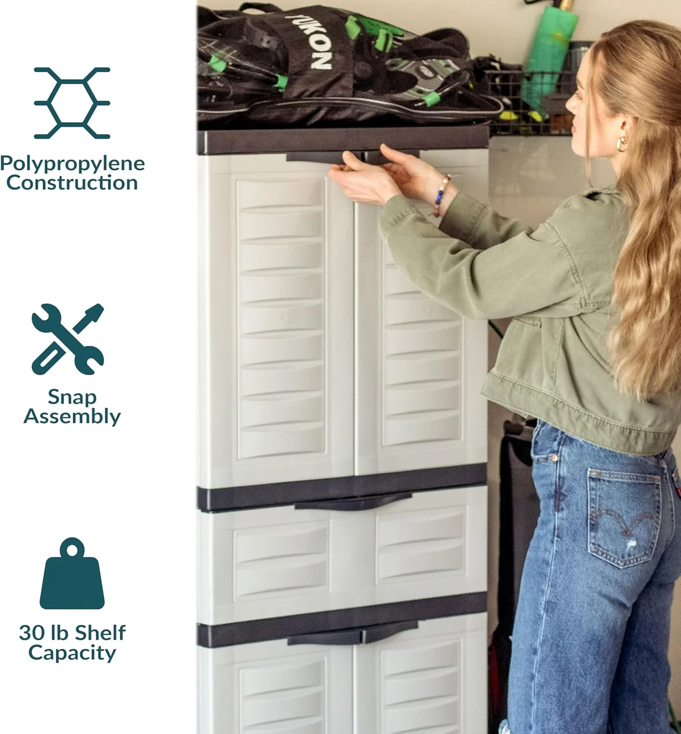 Plastic Garage Storage Cabinet with 2 Adjustable Shelves - 57" H - Garage, Office, Home, Laundry Room - Gray with Charcoal Trim - Image 5