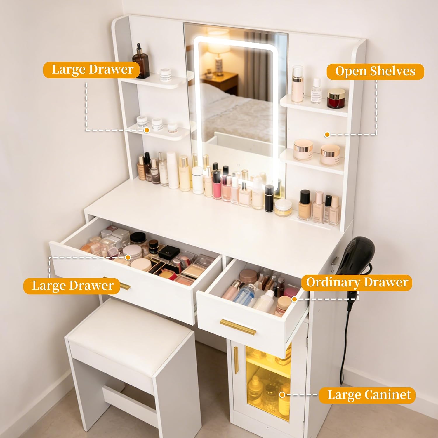White LED Vanity Table with Three-Color Adjustable Light HD Mirror, USB Charging Port,Leather Stool, Double-Layer Acrylic Cabinet with Ambient Lighting,and Makeup Table with Drawer Storage - Image 3