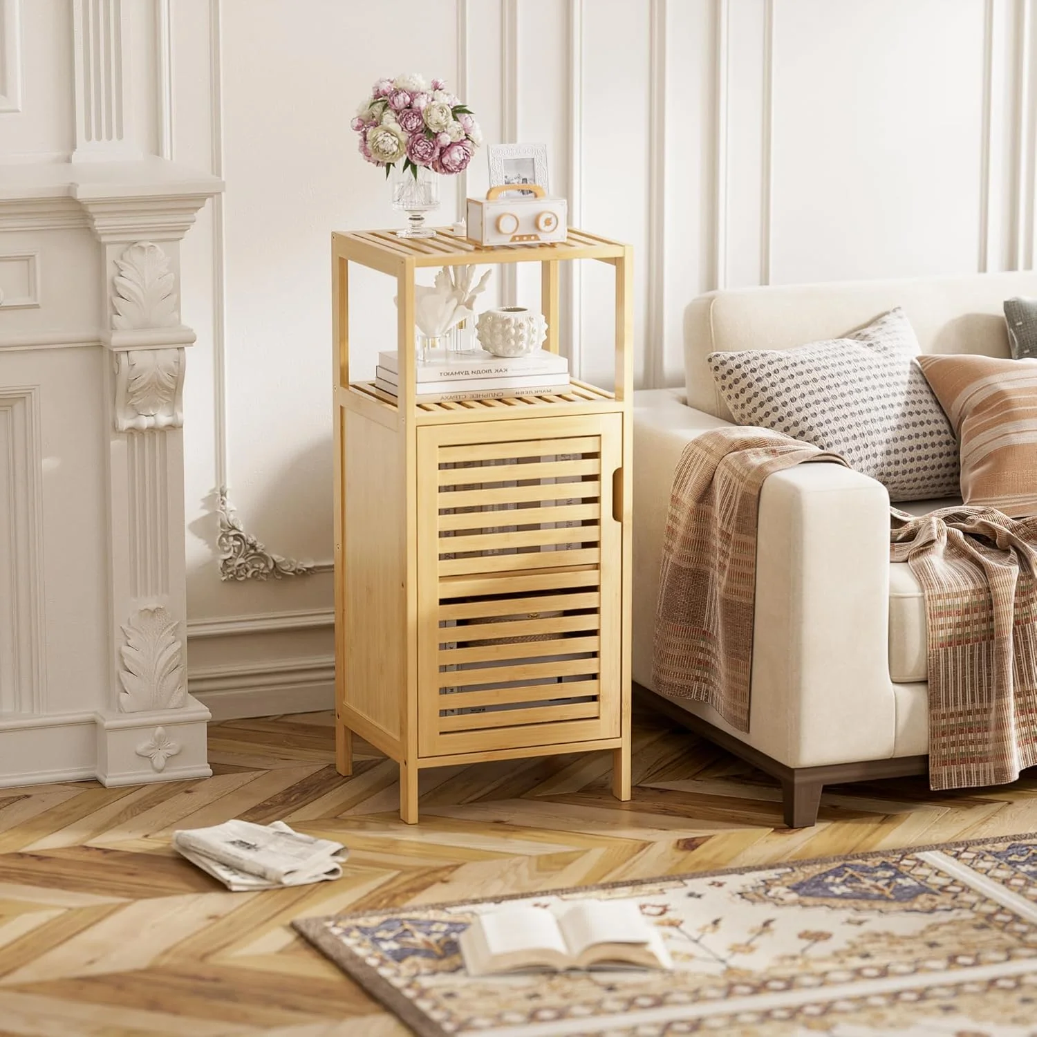 Bathroom Cabinet, Bamboo Floor Cabinet Free Standing, 4 Tier Sofa Side Storage Cupboard for Living Room Kitchen Bedroom - Image 7