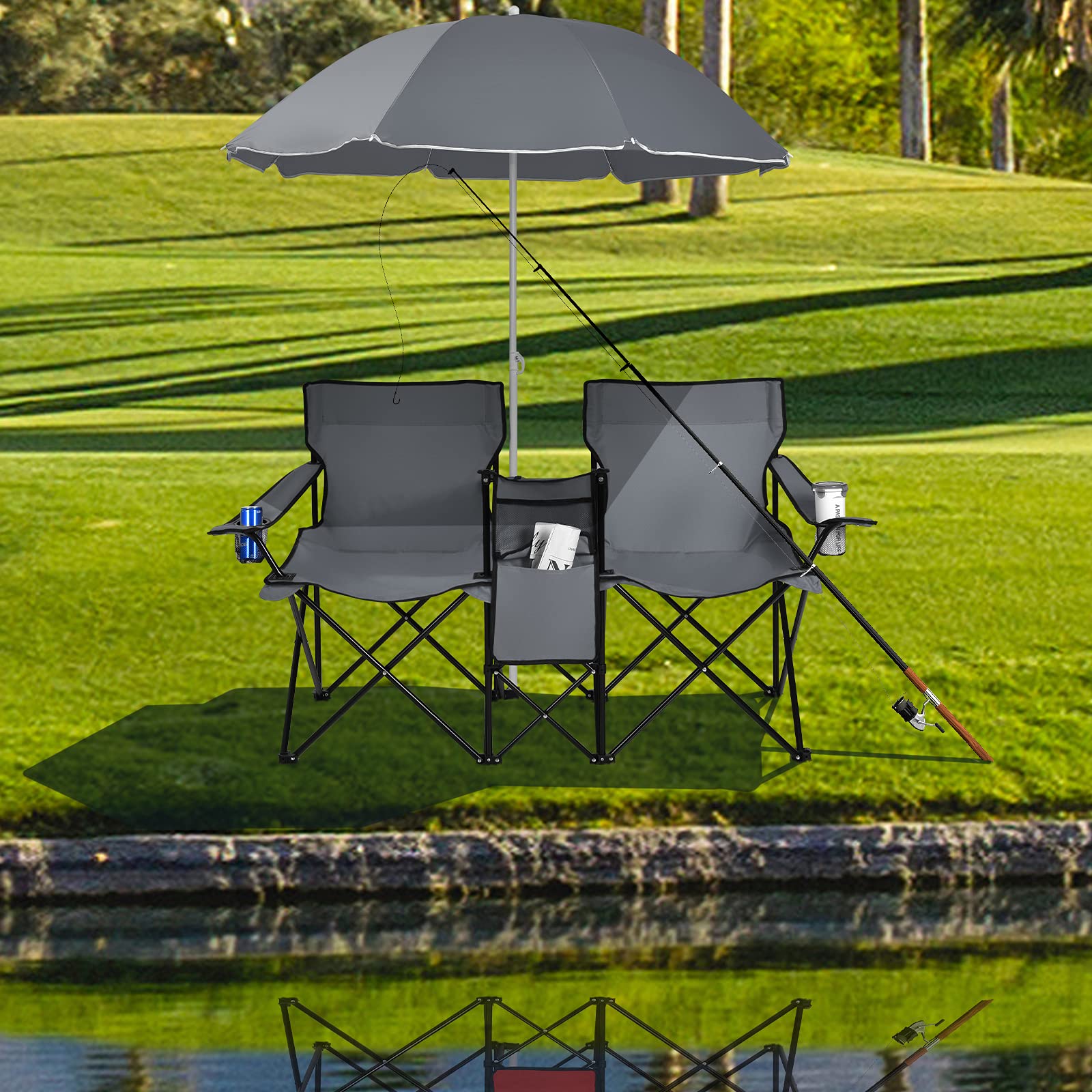 Double Folding Picnic Chairs with Umbrella – Mini Table & Beverage Holder Included - Image 3