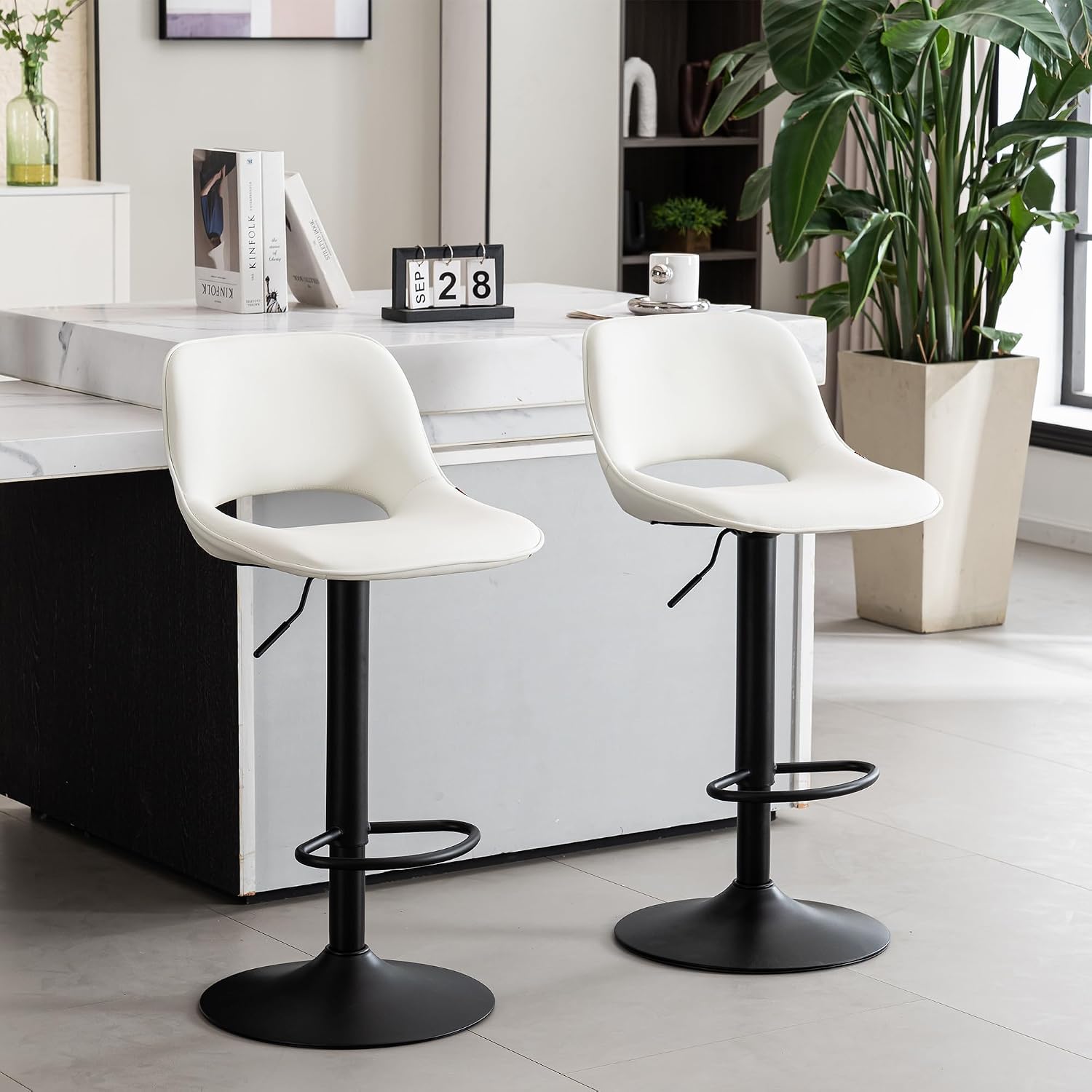 Bar Stools Set of 2 Modern Swivel Barstools, Compact Adjustable Counter Height Bar Stools, Faux Leather Upholstered Counter Stools with Hollow Back for Kitchen Island, Brown - Image 7
