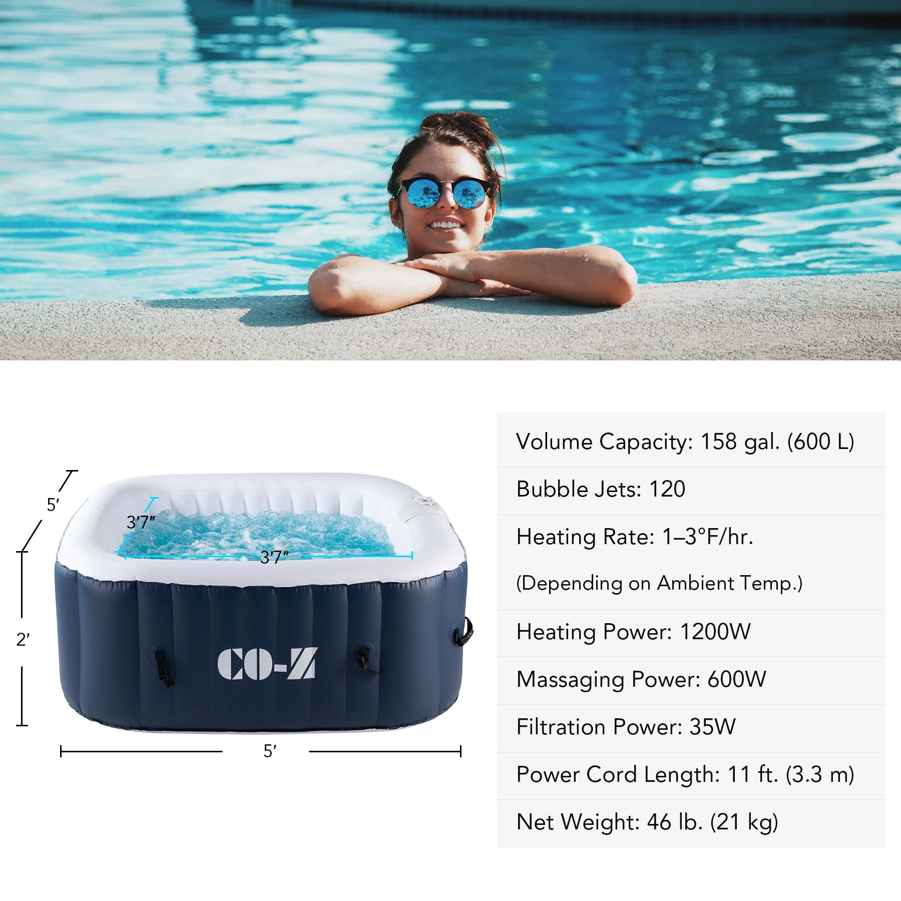 CO-Z 5x5ft PVC Square Inflatable Spa Tub & 120 Massaging Jets for Patio & More for 4-person Blue - Image 4