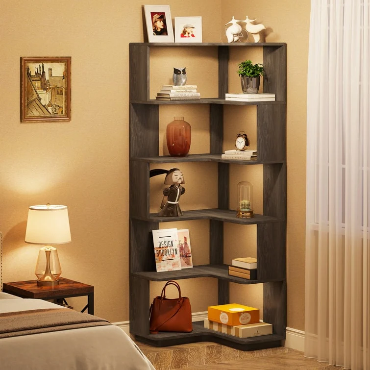 64.9 Inch Tall 6-Tier Corner Bookshelf, Freestanding Wood Industrial Bookcase - Image 6