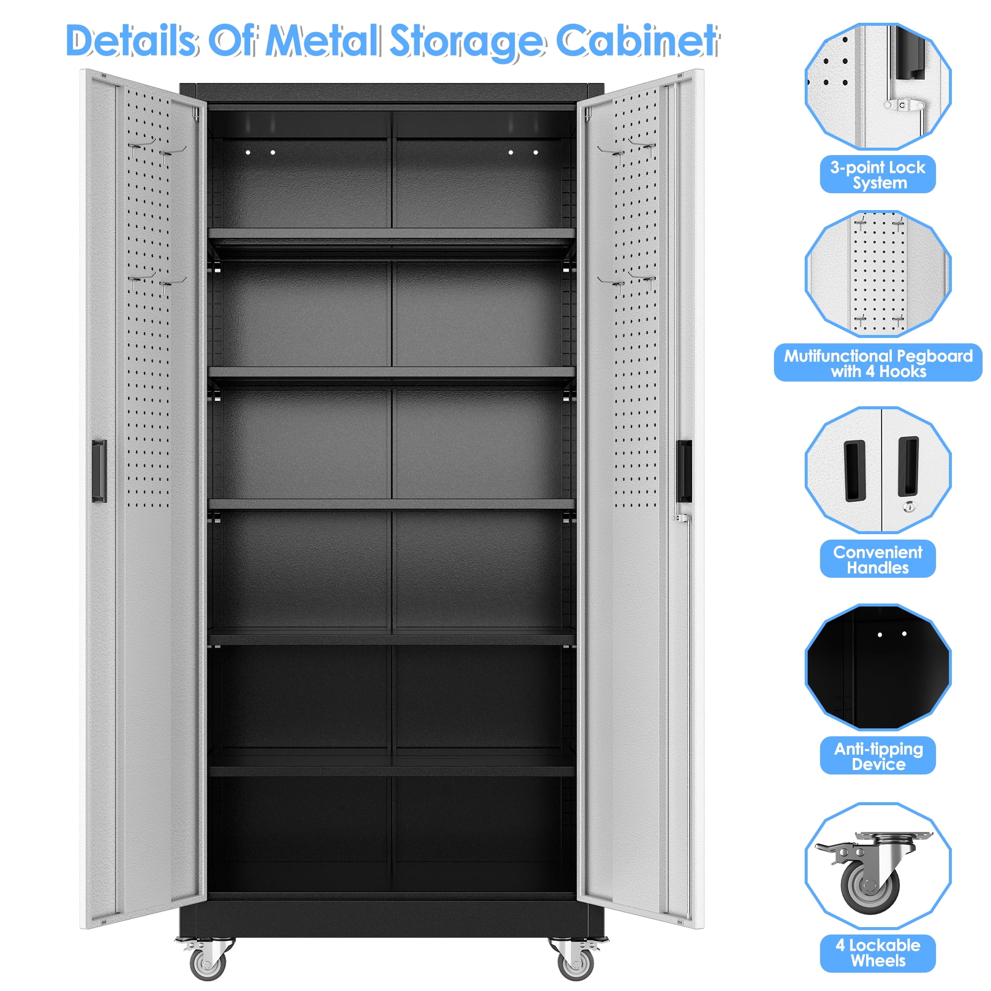 Gaeanet Rolling Tool Storage Cabinet with 5 Adjustable Shelves and Pegboard,Metal Garage Storage Cabinet with Wheels for Garage Home Office Utility Room,71" H-32" W-16" D,Required Assembly, Black - Image 141