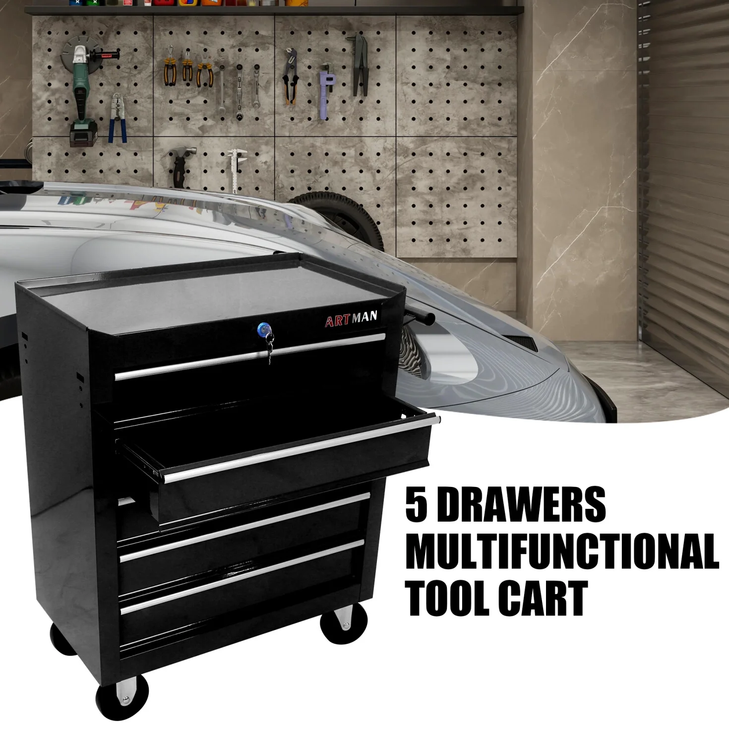 5-Drawer Rolling Tool Chest, Metal Tool Storage Organizer Cart with Locking System and Wheels, Multifunctional Mechanic Tool Cart for Garage, Warehouse, Workshop, Repair Shop, Red - Image 12