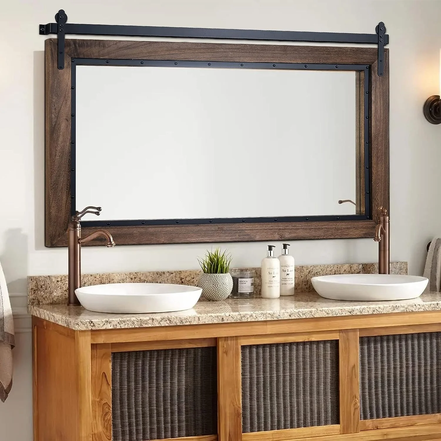 Farmhouse Barn Door Style Bathroom Vanity Mirror, Natural Wood Wall Mirror for Bathroom, Bedroom and Entryway - Image 8