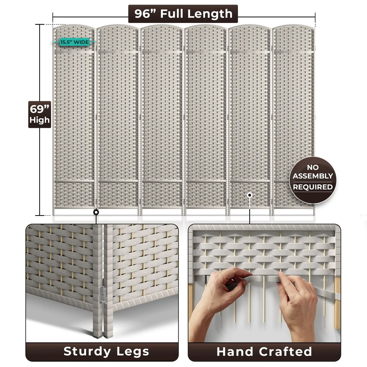 6 Panel Room Divider, 6ft Tall Extra Wide Folding Privacy Screen with Hand-Woven Mesh Panels - Image 10