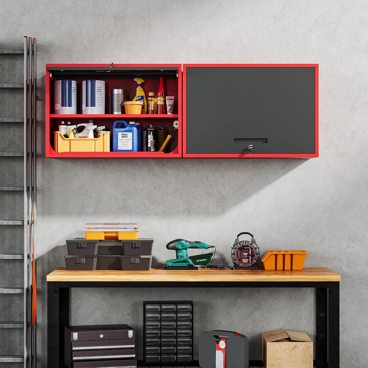 Metal Garage Wall Cabinet with Doors and Shelves,Wall Mounted Metal Storage Cabinet, Floating Steel Tool Cabinet for Garage,Basement,Kitchen,Warehouse (Red Black,21.6" H) - Image 2