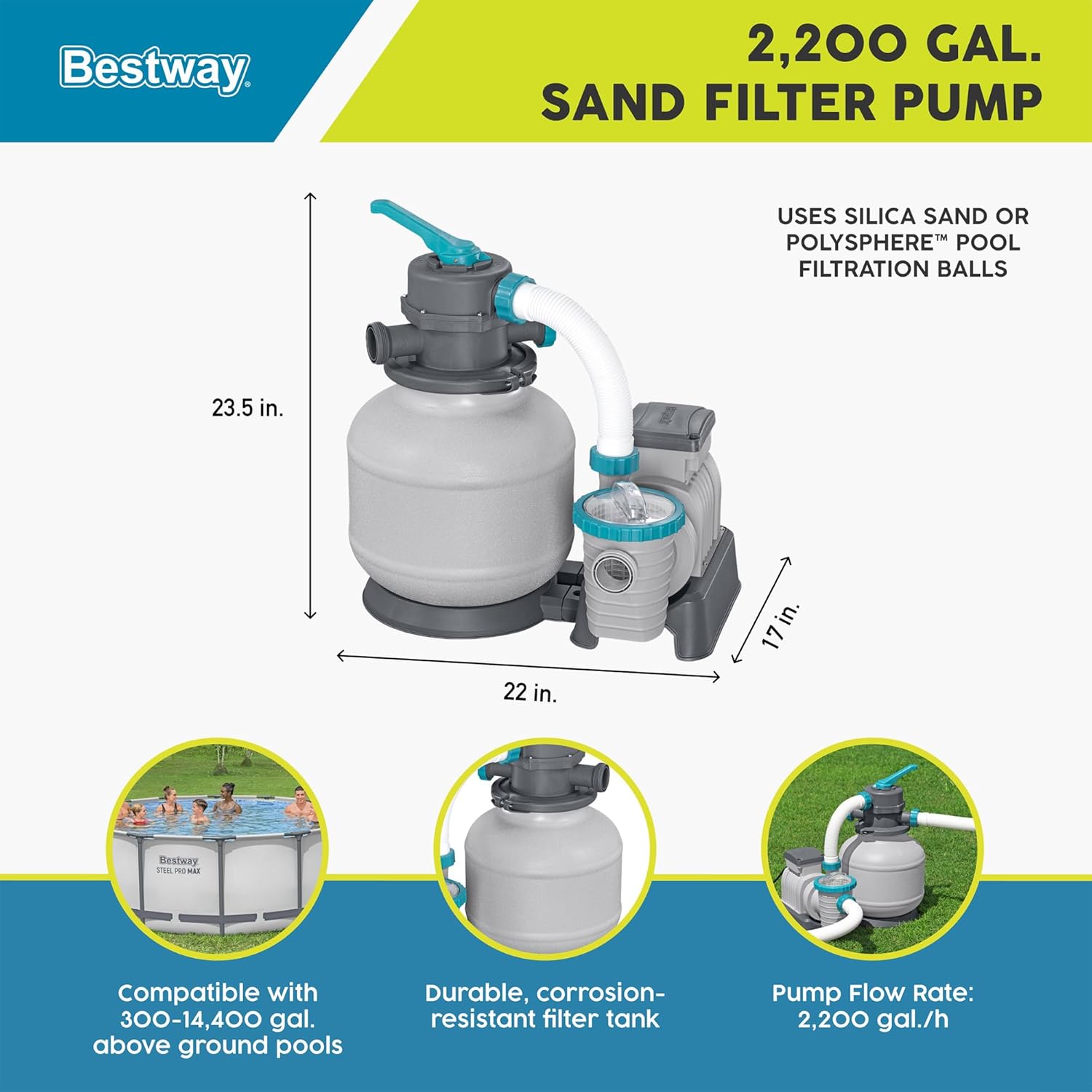 2,200 GPH Sand Filter Pump for Above Ground Pools, High Flow Swimming Pool Filtration System - Image 4