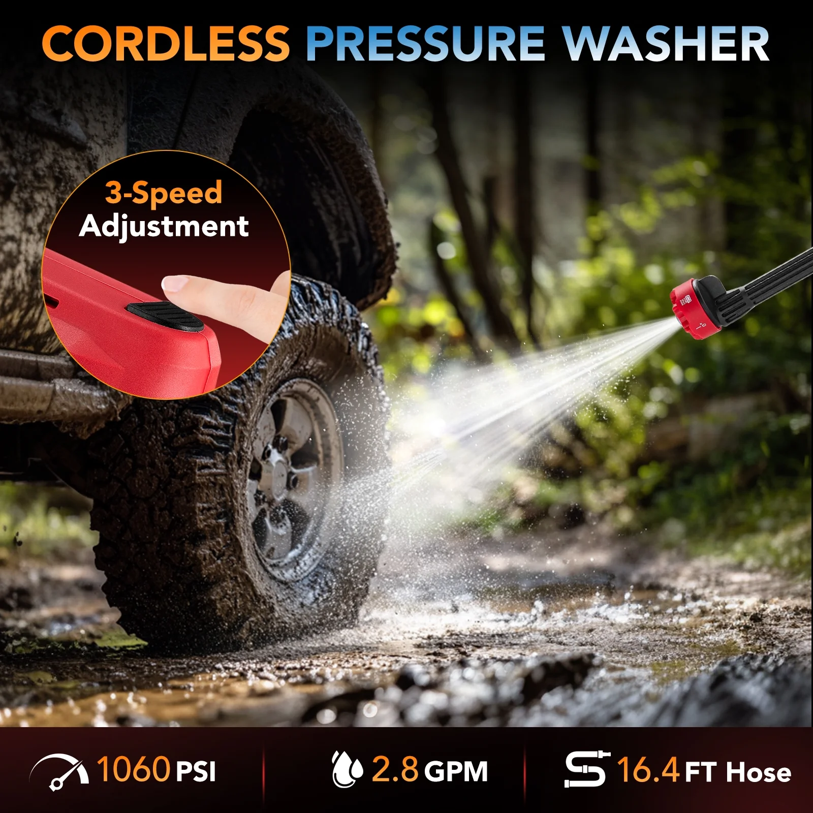 Filluck 1060PSI Cordless Pressure Washer, Portable Handheld High-Pressure Car Washer with 5.0Ah Long-Lasting Battery, 3-Speed Adjustable, 2.8GPM, 6-in-1 Nozzle for Car Cleaning/Garden/Floor - Image 8
