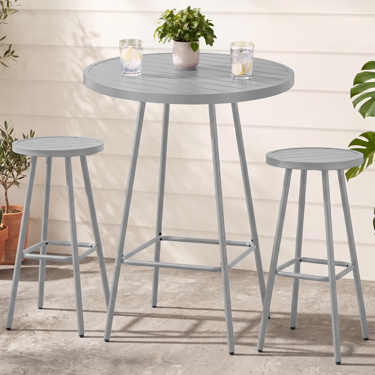 3-Piece Patio Dining Set, Bar Height, Outdoor Bistro Set, Outdoor Round Bar Table w/ 2 Bar Stools, Steel - White - Image 6