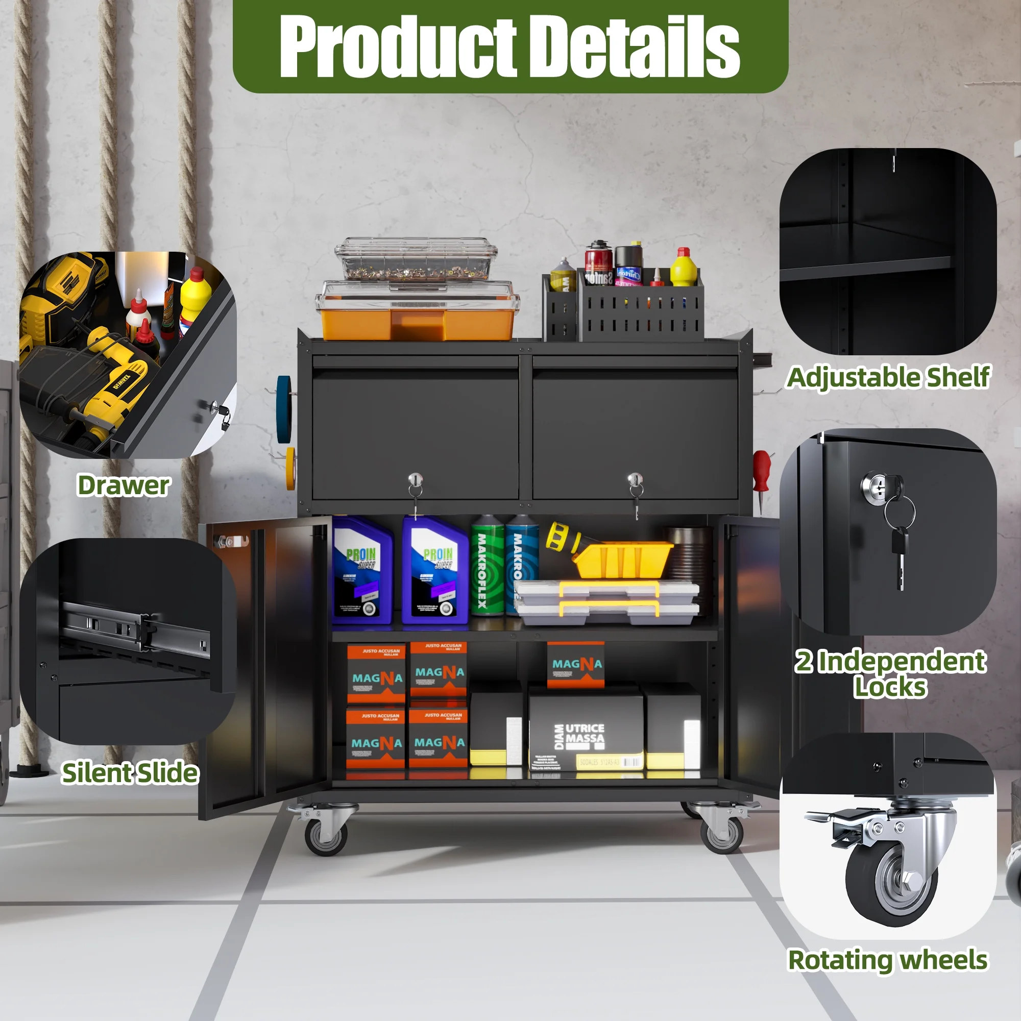 Gaeanet Rolling Tool Storage Cabinet with 5 Adjustable Shelves and Pegboard,Metal Garage Storage Cabinet with Wheels for Garage Home Office Utility Room,71" H-32" W-16" D,Required Assembly, Black - Image 51