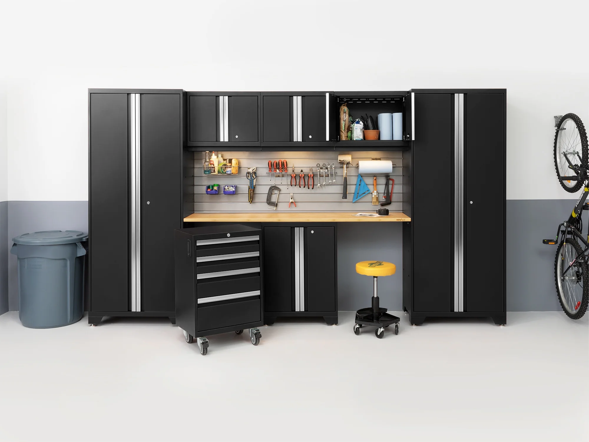 NEWAGE PRODUCTS INC. Bold Steel 7-Piece Garage Storage Cabinet Set Black with Bamboo Worktop - Image 11