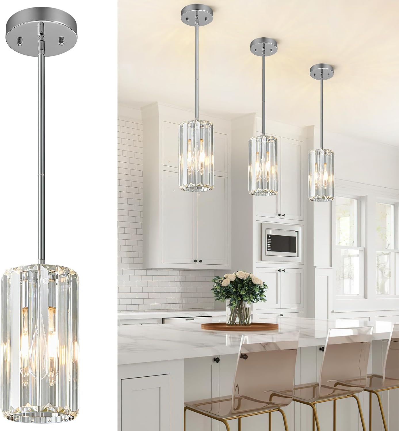 Chrome Pendant Lighting, Modern Pendant Light, Mini Crystal Chandeliers, Adjustable Pendant Light Fixture for Kitchen Island, Dining Room, Corridor & Bedroom (Chrome, 3-Pack) - Image 28