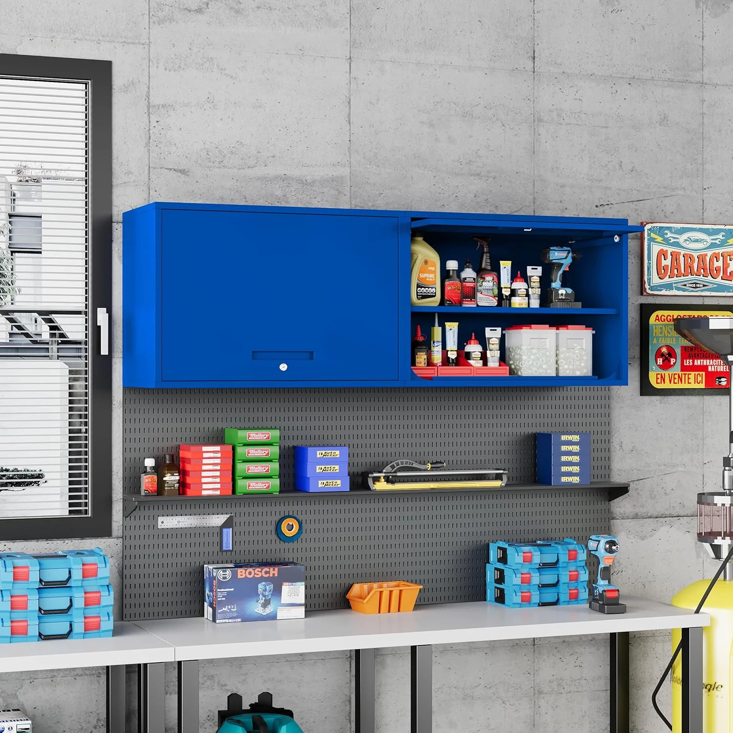 Metal Storage Cabinet Blue Wall Cabinets with Shelf and Locking Door - Wall Mounted Storage Cabinet for Garage Warehouse Home Office - Assembly Required - Image 2
