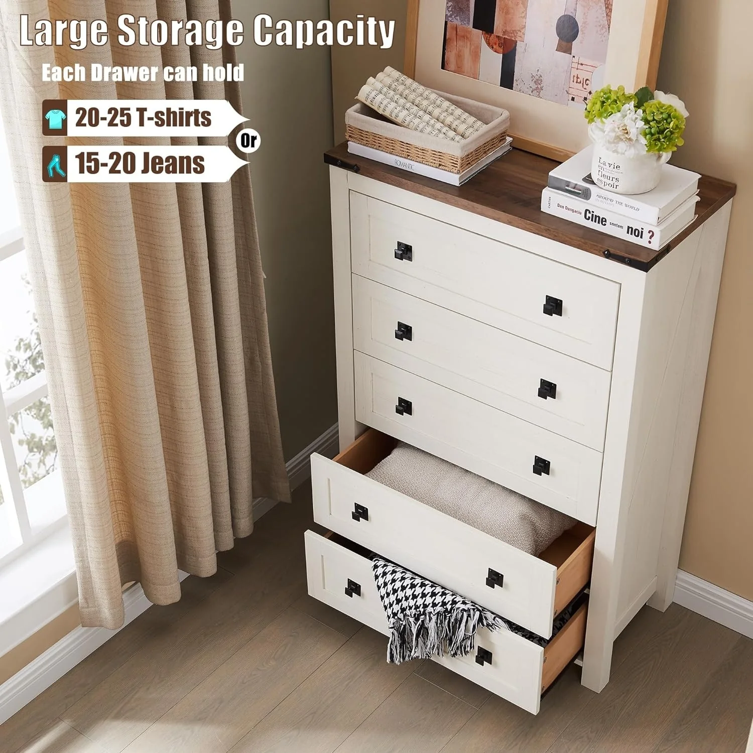 48 Inch Tall Farmhouse Wood Dresser, 5 Drawer Chest of Drawers for Bedroom - Image 23