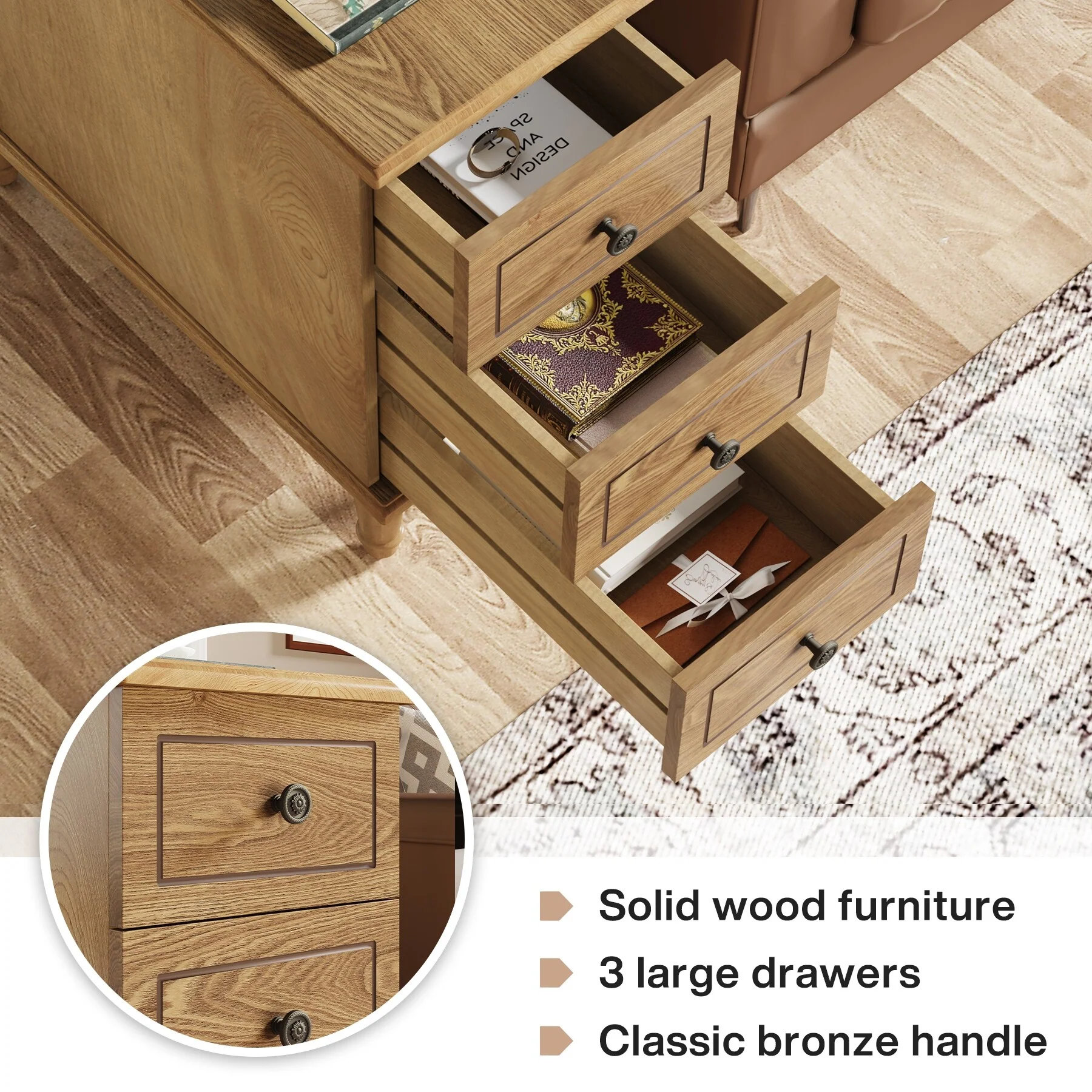 Fully Assembled Narrow End Table, Solid Wood Side Table with 3 Drawers, Vintage Nightstand for Small Spaces - Image 5