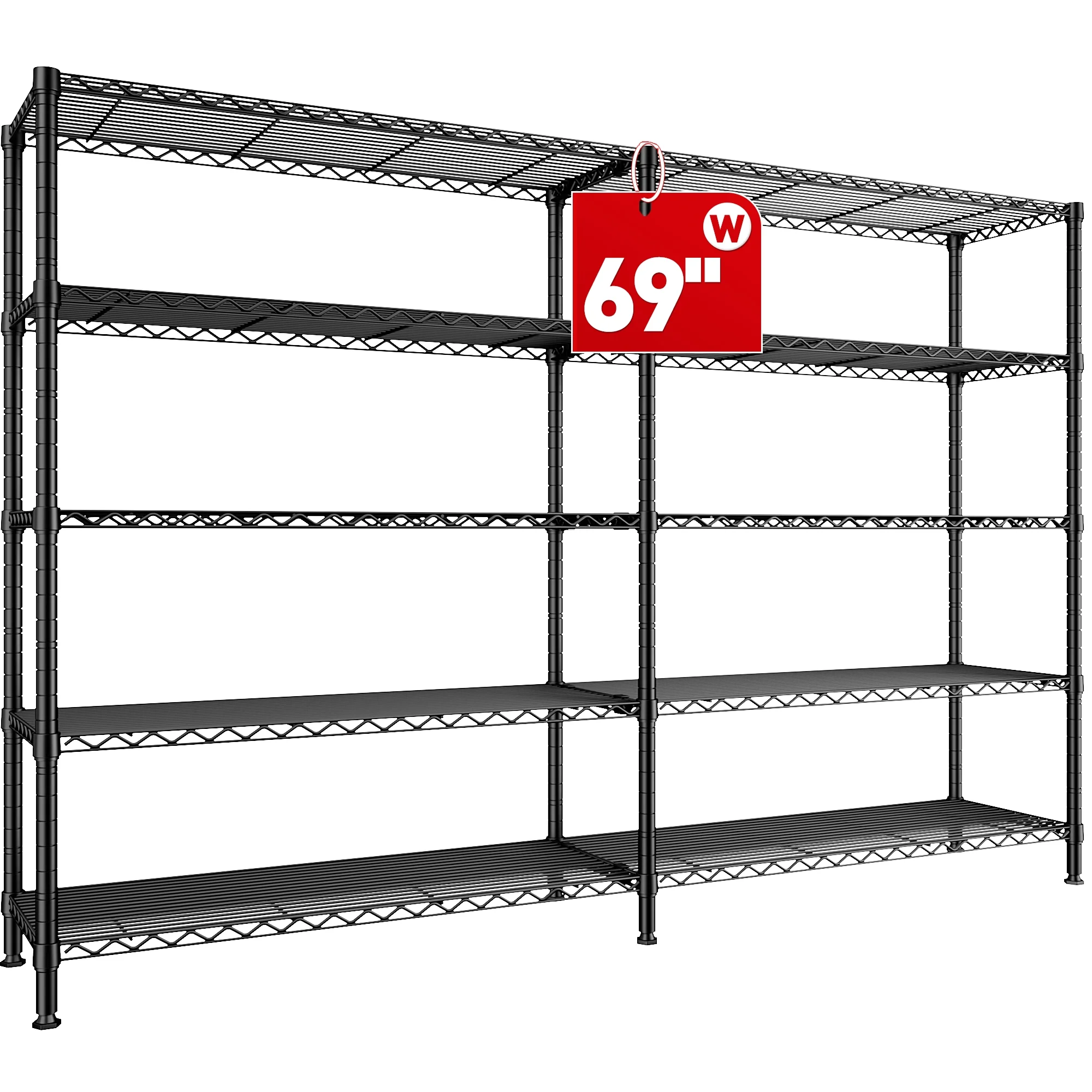 REIBII 68.9"W Heavy Duty Storage Shelves 72.4"H Wire Shelving Unite 5-Tier Adjustable Metal Shelves Garage Shelving Steel Shelf for Kitchen Pantry Basement,Black - Image 5