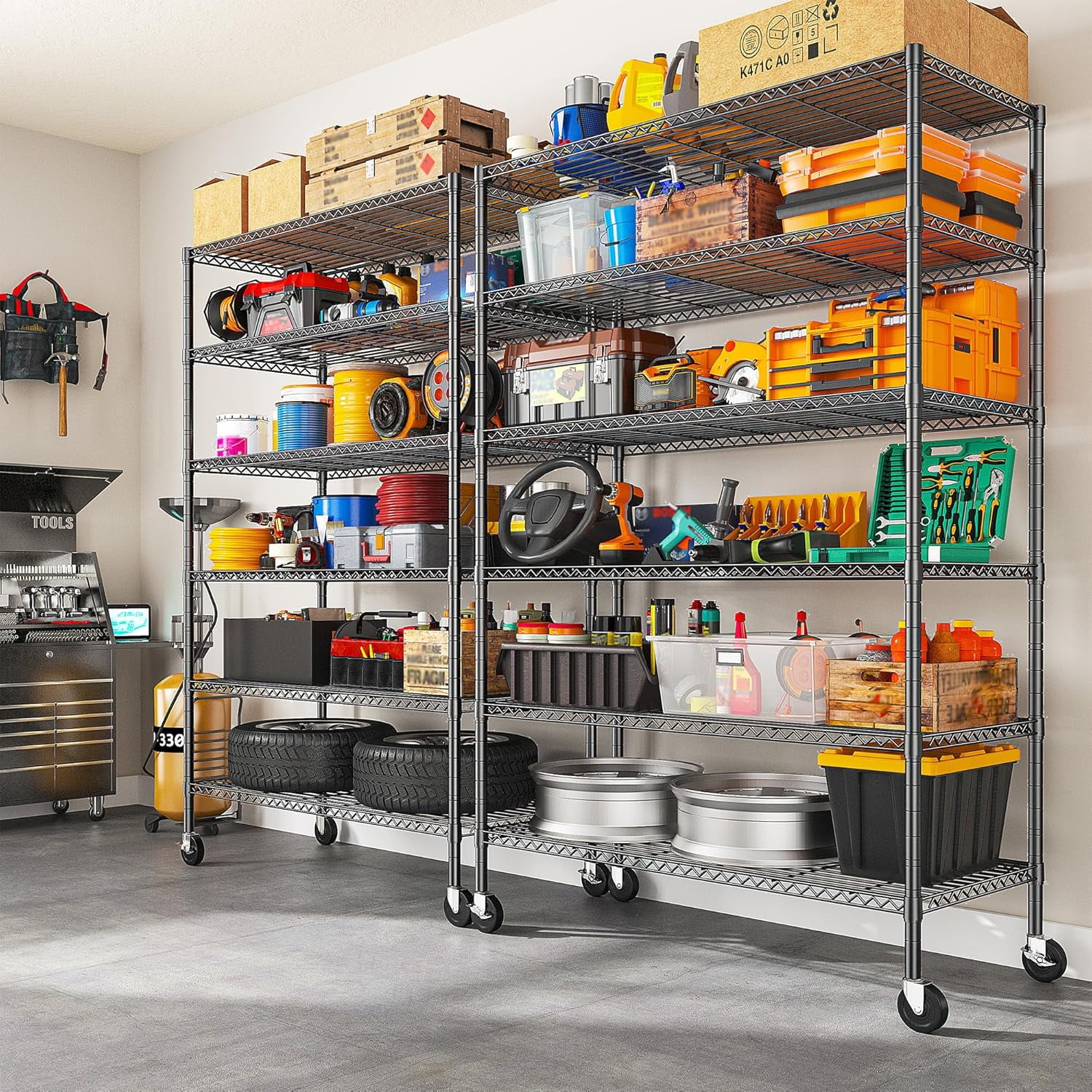 LR8 82" H X45 W X18 D Storage Shelves with Wheels, 6 Tier Wire Shelving Adjustable Metal Shelving Pantry Shelves Capacity 1600LBS for Garage Shelving, Pantry, Kitchen, Closet, Black - Image 5