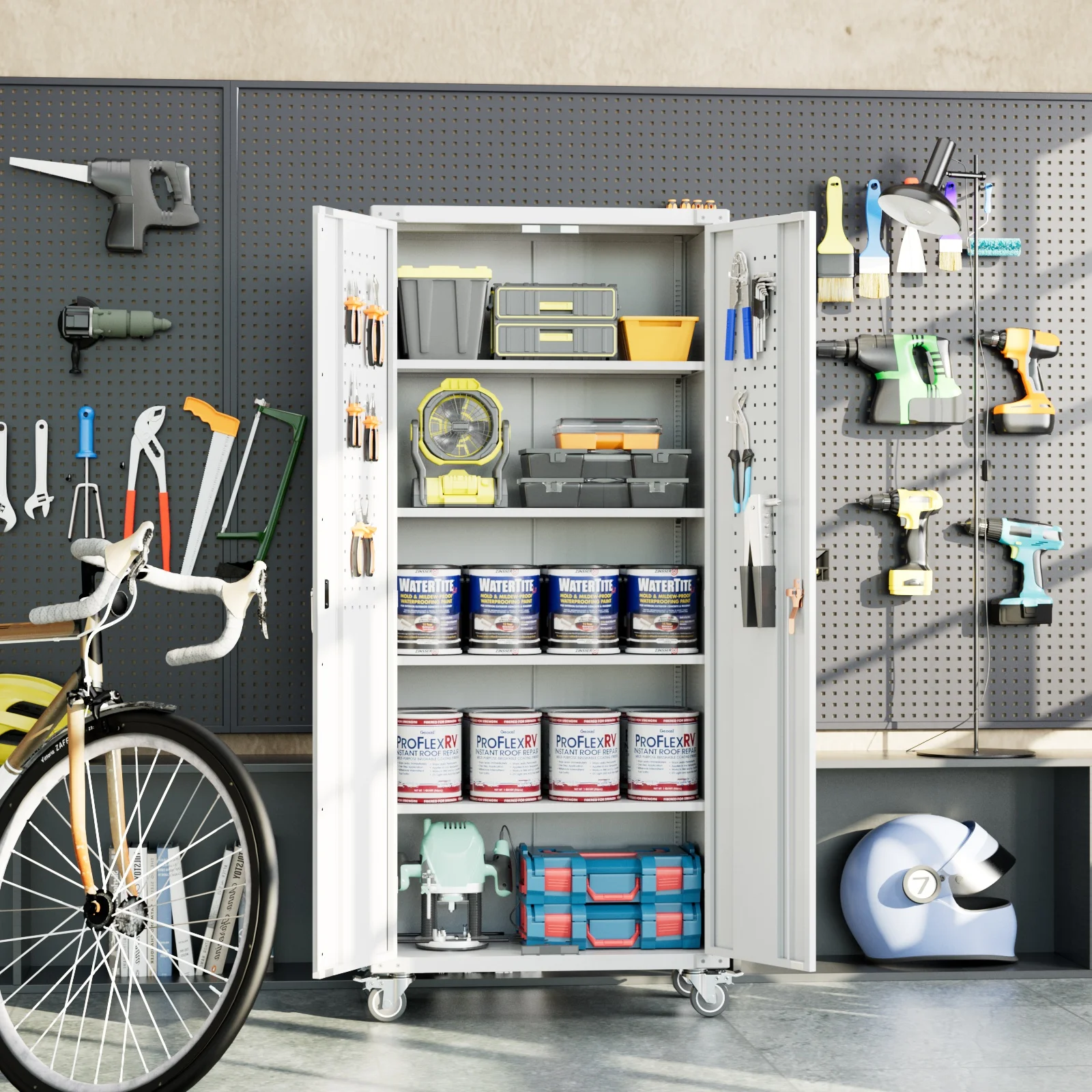 GangMei 71 Inches Tall Metal Garage Storage Cabinets with 5 Adjustable Shelves & Pegboards, Lockable Steel Black Storage Cabinet with Doors for Office, Home, School, Shops, Garage, Assembly required - Image 34
