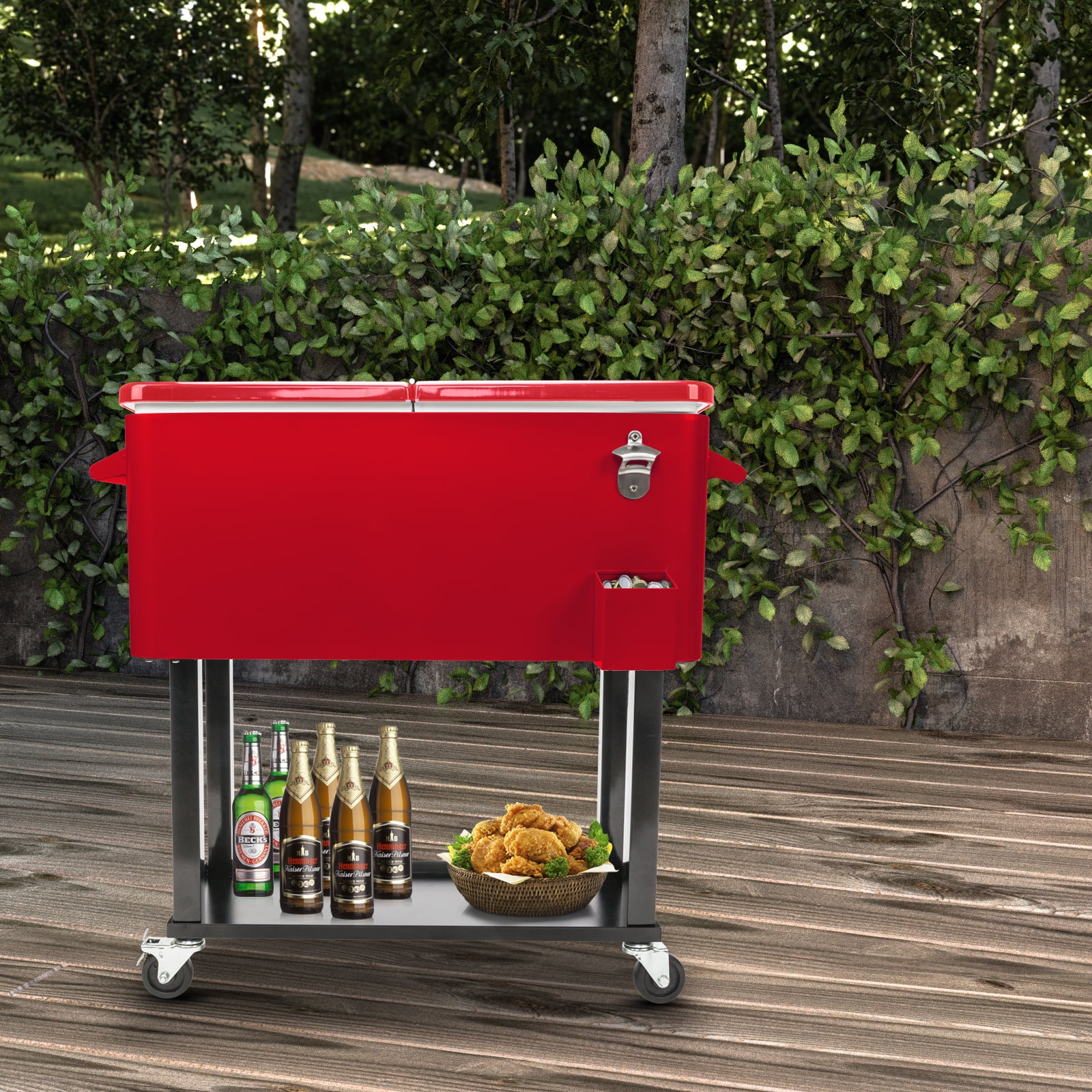EasingRoom Iron Spray Plastic Patio Cooler Cart with Tray Cooler with Shelf Green - Image 7