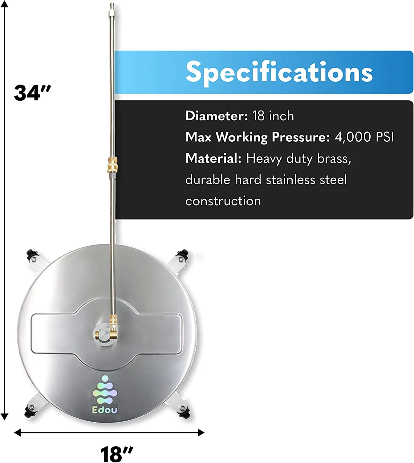 EDOU 18-Inch Pressure Washer Surface Cleaner - Power Washer Accessory with Wheels - 2 Pressure Washer Extension Wand attachments - for Cleaning Driveways, Sidewalks, Patios - 4000 PSI Max Pressure - Image 2