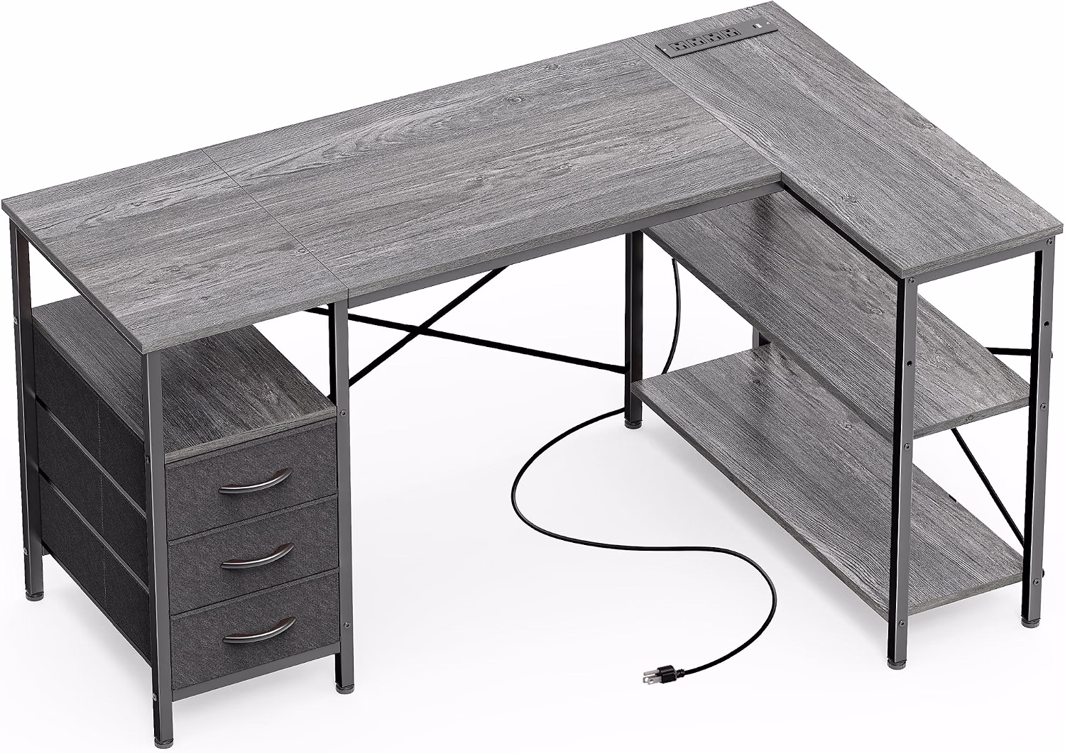 L Shaped Office Desk with Power Outlets & 3 Drawers - Image 5