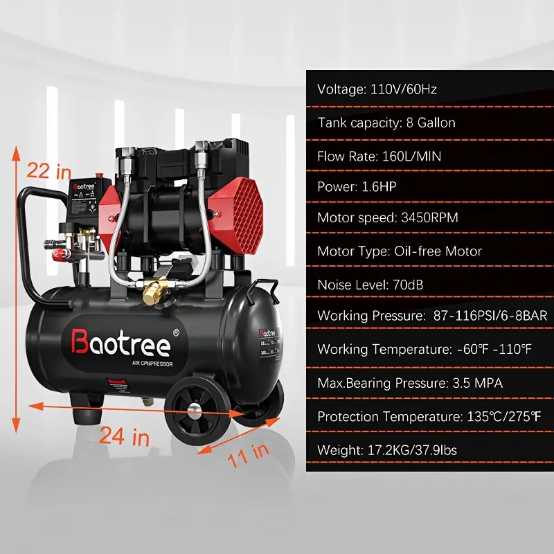 Datingday Ultra Quiet Air 8 Gallon 1.6HP Compressor with Two Quick Couplers & Wheels,Fast 60-Second Inflation & Auto Safety Features ,Max 115 PSI Oil-Free Air Compressor Tank for Home/Commercial Use - Image 2