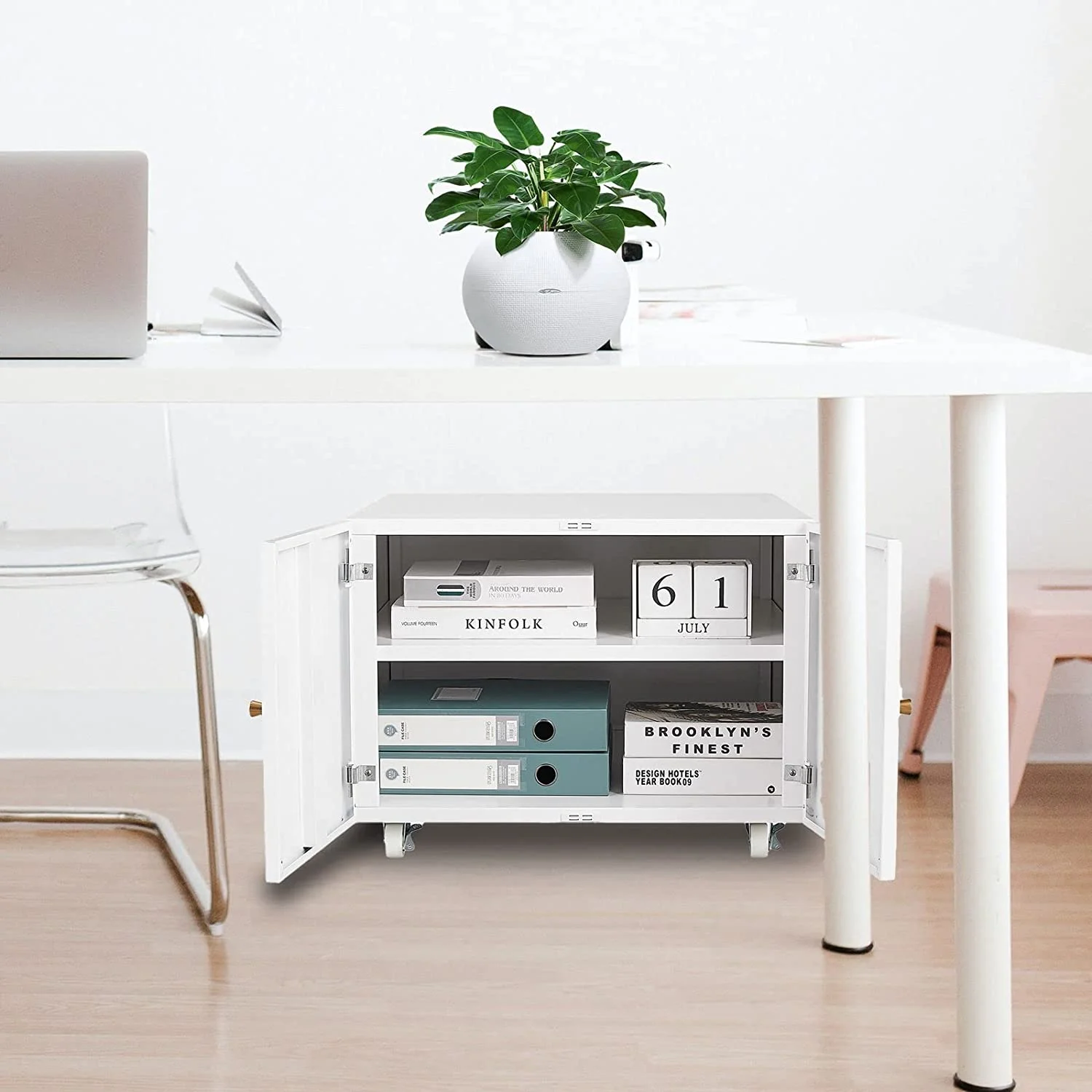 Miniyam Metal Garage Storage Cabinet with Wheels and Adjustable Shelves, White - Image 3
