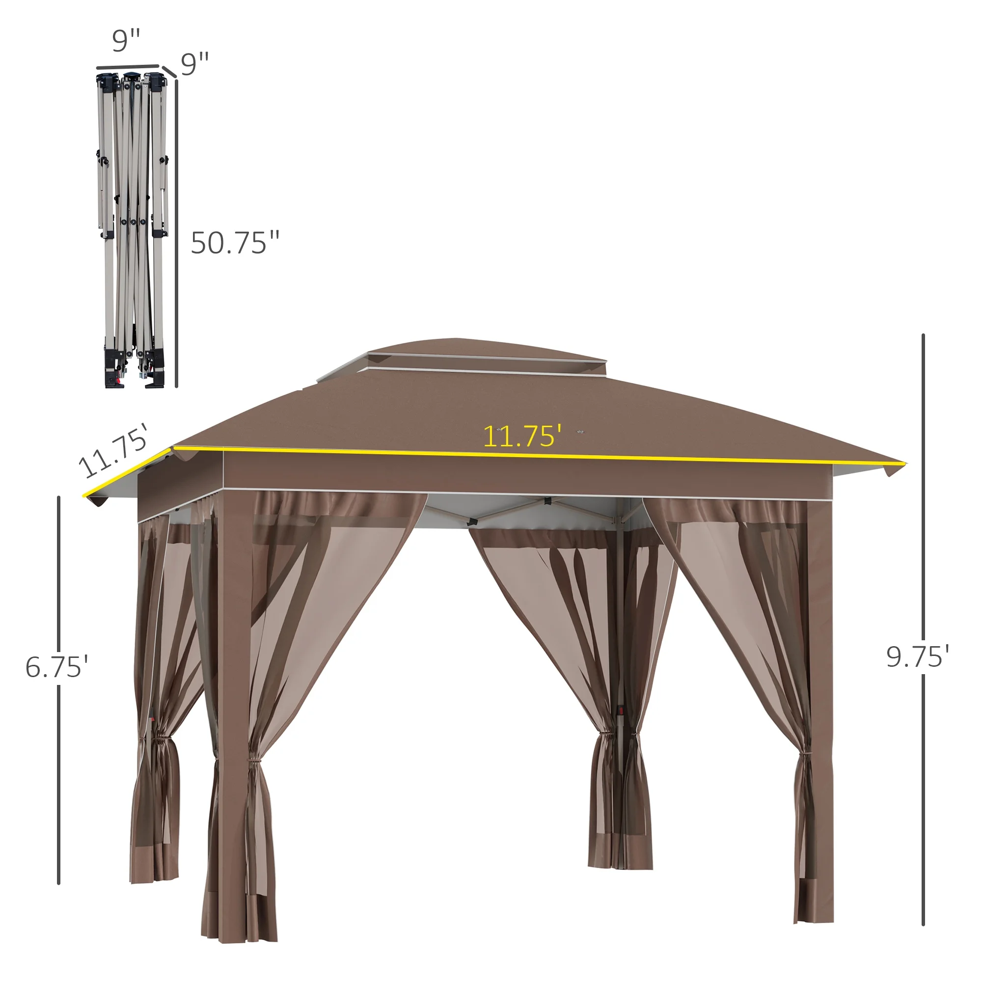 Outdoor Umbrellas Outsunny 12' x 12' Pop Up Canopy Tent with Netting and Carry Bag, Instant Sun Shelter with 137 sq.ft Shade, Tents for Parties, Height Adjustable, for Outdoor, Garden, Patio, Khaki,P - Image 3