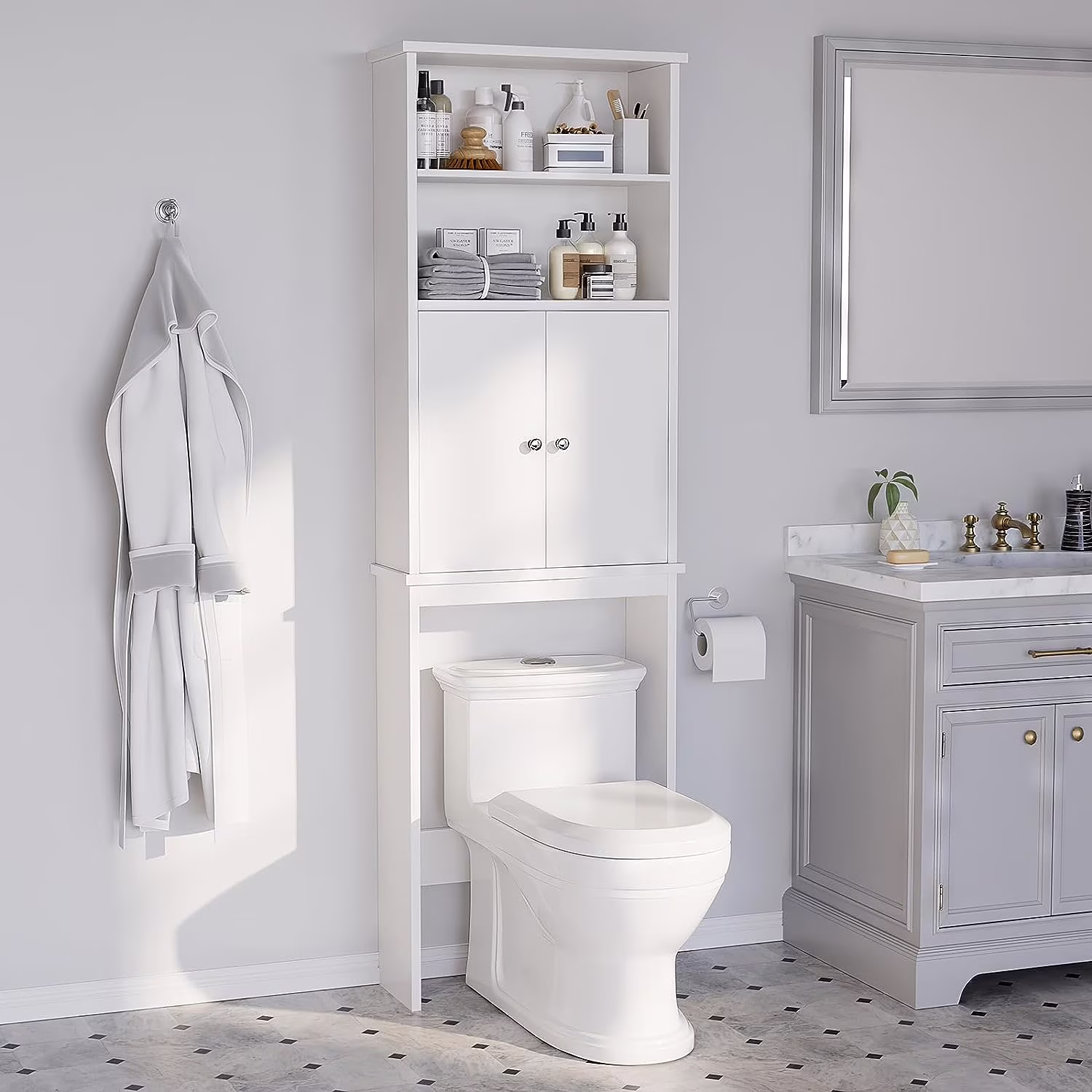 Sobaniilo Over The Toilet Storage Cabinet for Bathroom, Storage Organizer Over Toilet, Space Saver W/Adjustable Shelf & Open Storage Shelf, 75in, White