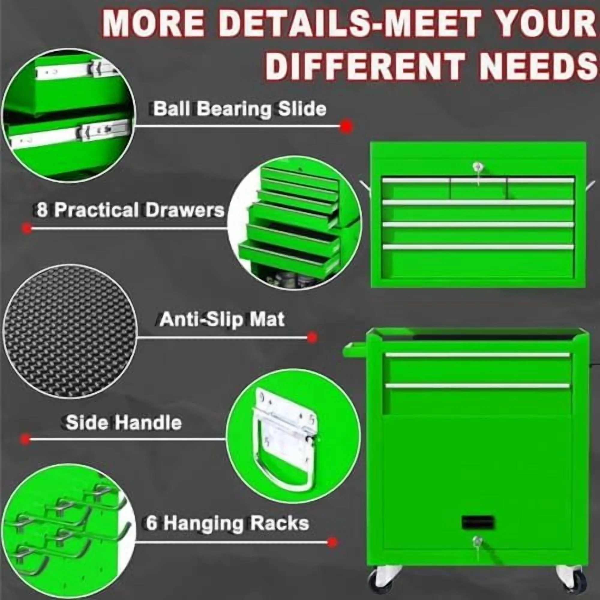 8-Drawer Rolling Tool Chest with Detachable Top Tool Box, Lockable Metal Tool Cabinet, and Liner, Heavy-Duty Storage Organizer with Wheels and 6 Hooks for Garage, Workshop, Green - Image 5