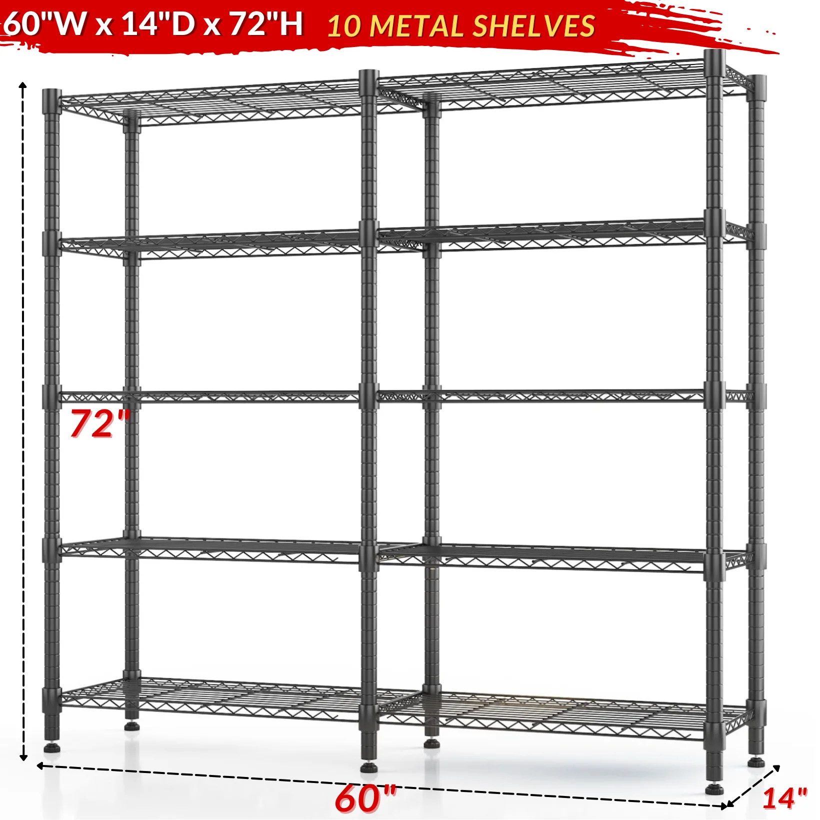 Legooin 72"H Extra-wide Metal Shelves 60"W Storage Rack for Pantry Office Garage Capacity 1500LBS Adjustable Corner Shelving Unit, Black - Image 4