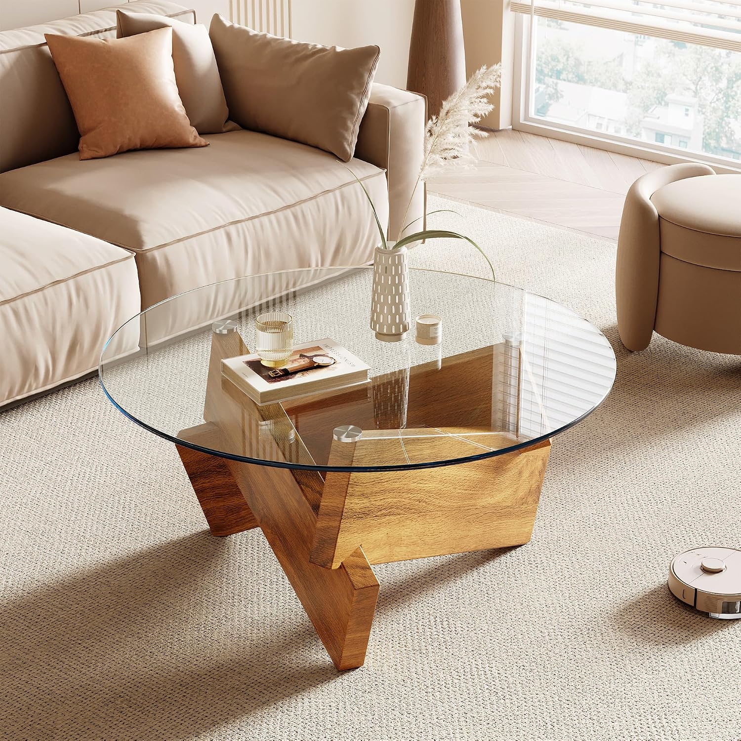 Modern Round Coffee Table, 30.7" x 30.7" x 16.1" Tempered Glass Top for Living Room, Color: Walnut - Image 2
