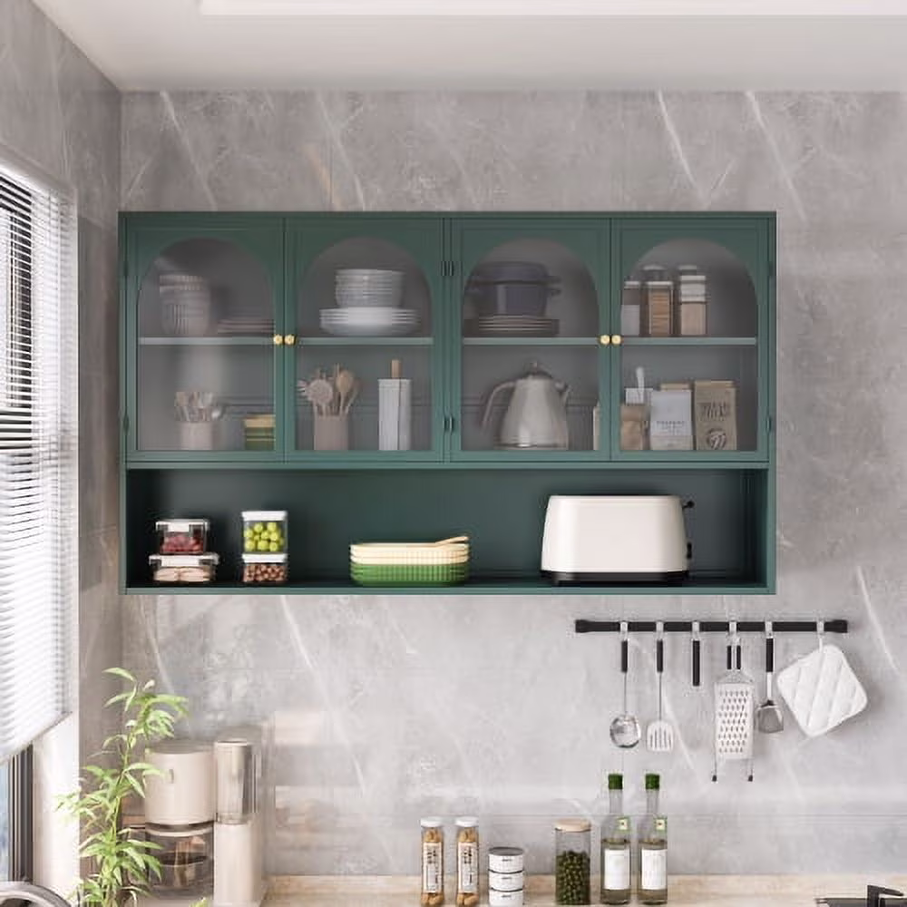 Dasun 47.25" Four-door Glass Wall Cabinet Storage, Wall-mounted, Suitable for Kitchen, Living Room, Bathroom(Black) - Image 2