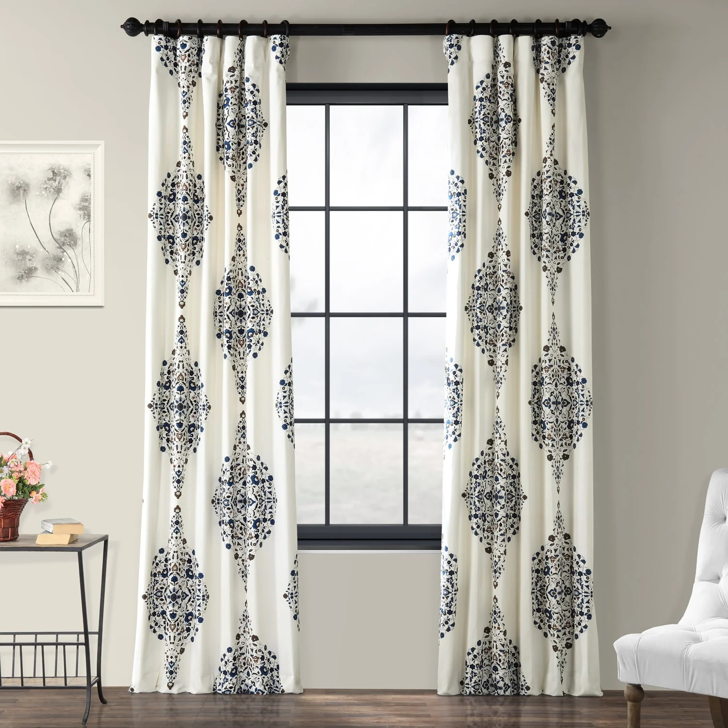 Medallion Damask Printed Cotton Room Darkening Curtain Panel, 1 Piece