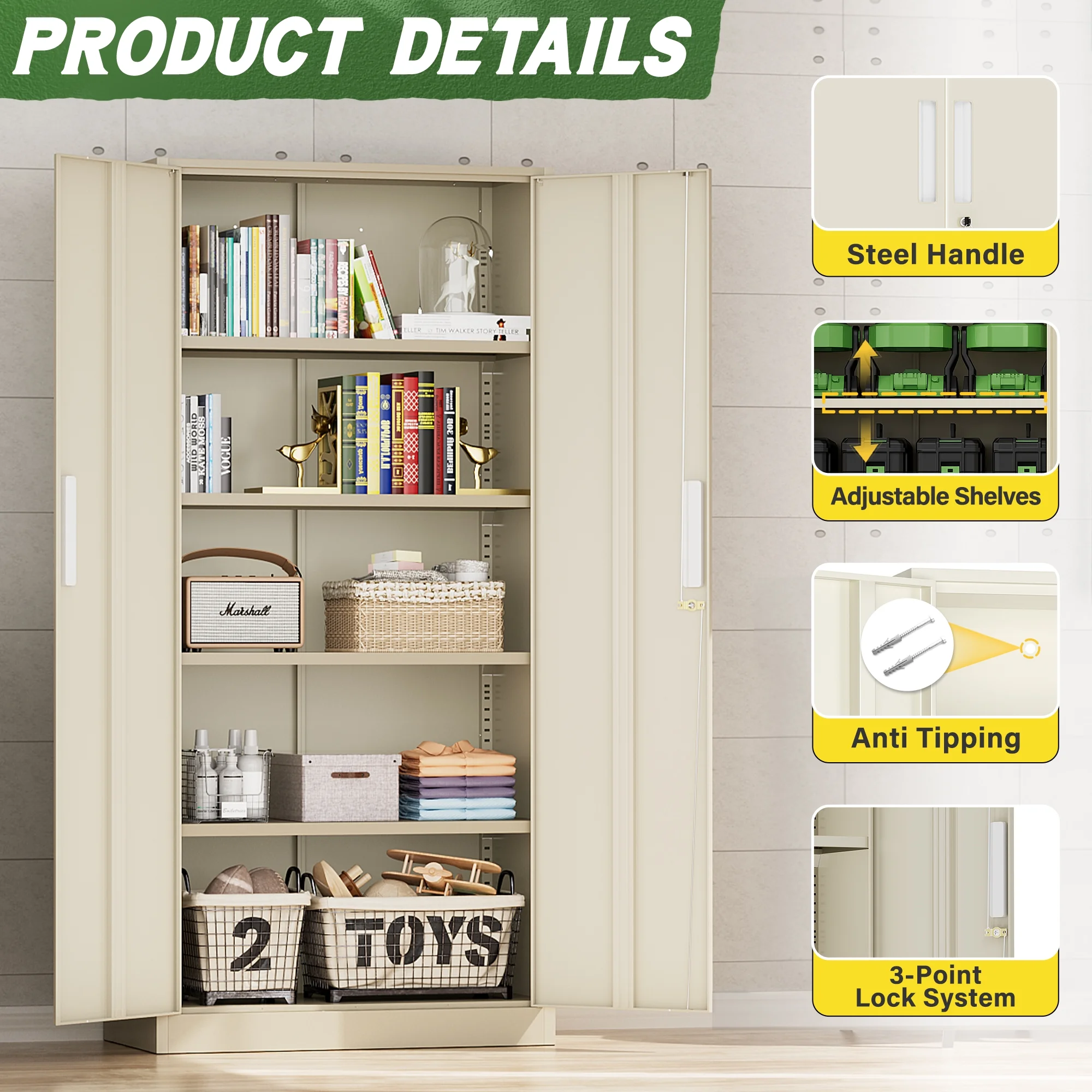 SOLAURA Metal Storage Cabinet with Wheels, 73" Garage Rolling Cabinet with Locking Door and 4 Shelves, Tool Cabinet on Caster for Home, Office, Black - Image 83