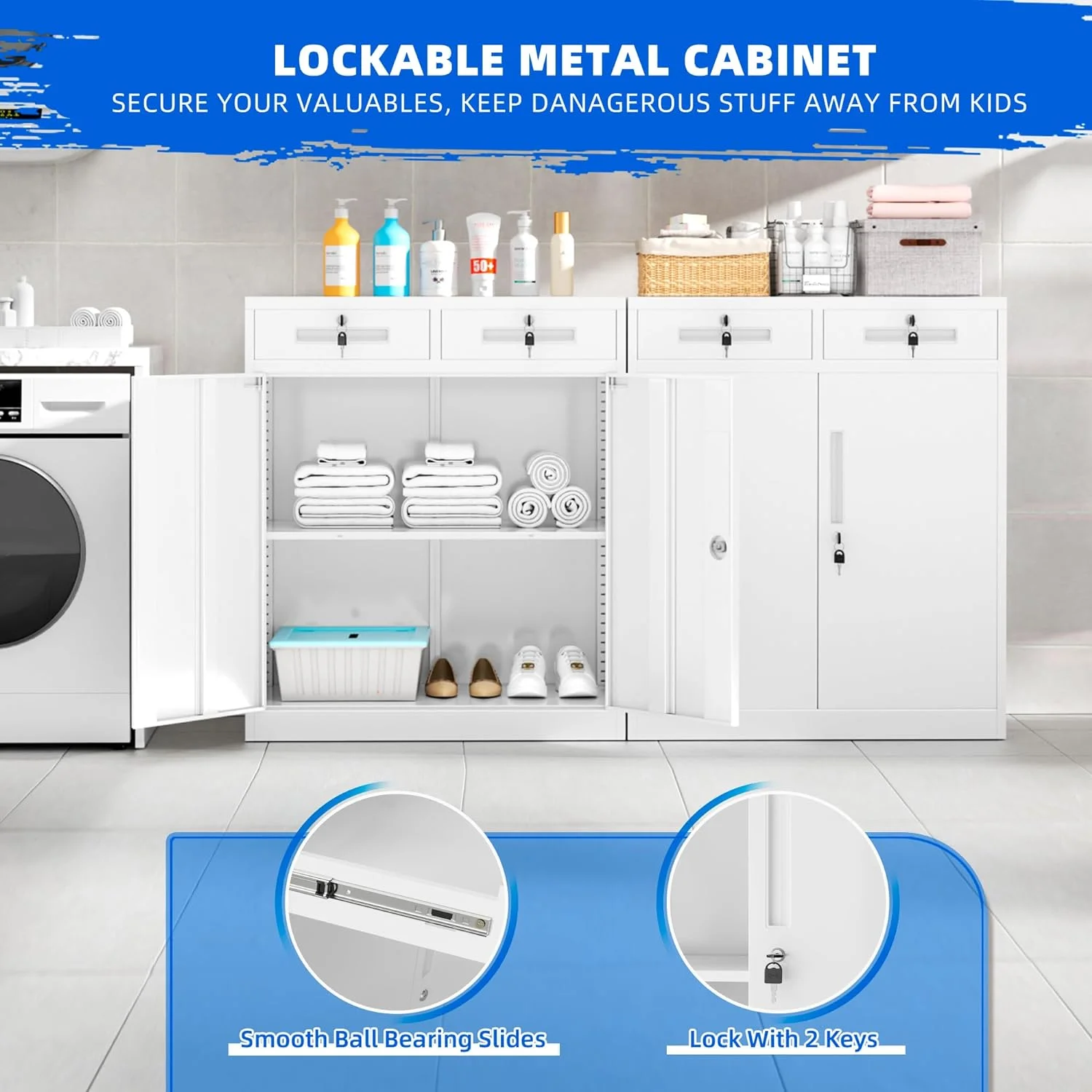 Superday Locking Metal Storage Cabinet with 2 Drawers, Lockable Garage Storage Cabinet with Locking Doors and Adjustable Shelves, Tool Cabinets for Home Office, School, Etc - Image 15