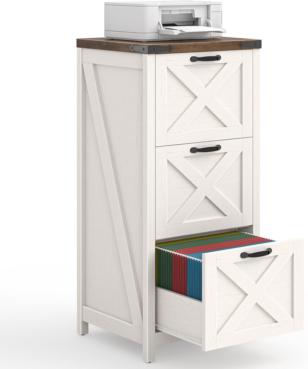 3 Drawers Tall Farmhouse File Cabinet with Wheels, Rustic White - Image 12
