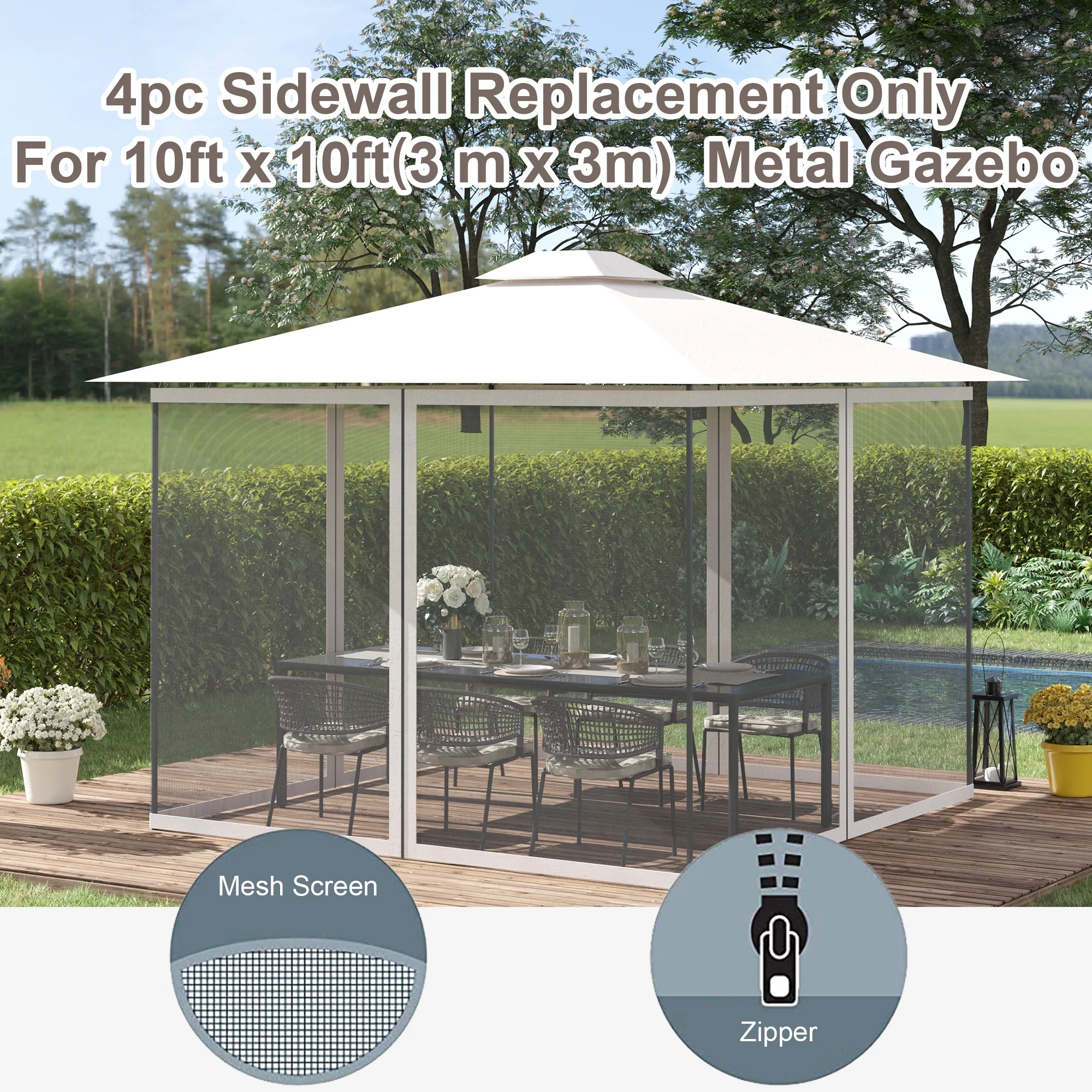 Outsunny 10' x 10' Universal Replacement Mesh Sidewall Netting for Patio Gazebos and Canopy Tents with Zippers, (Sidewall Only), White - Image 6