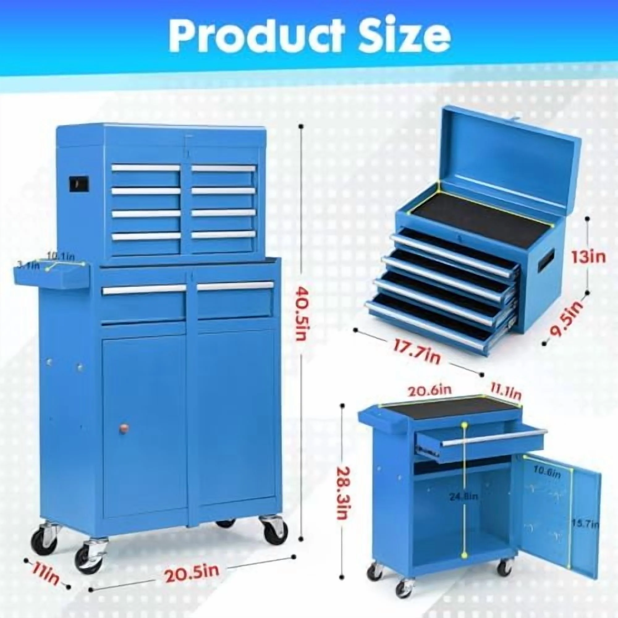 5-Drawer Rolling Tool Chest -C 2-in-1 Lockable Tool Box with Wheels, Sliding Drawers & Detachable Top -C Garage & Workshop Storage Cabinet, Green - Image 10
