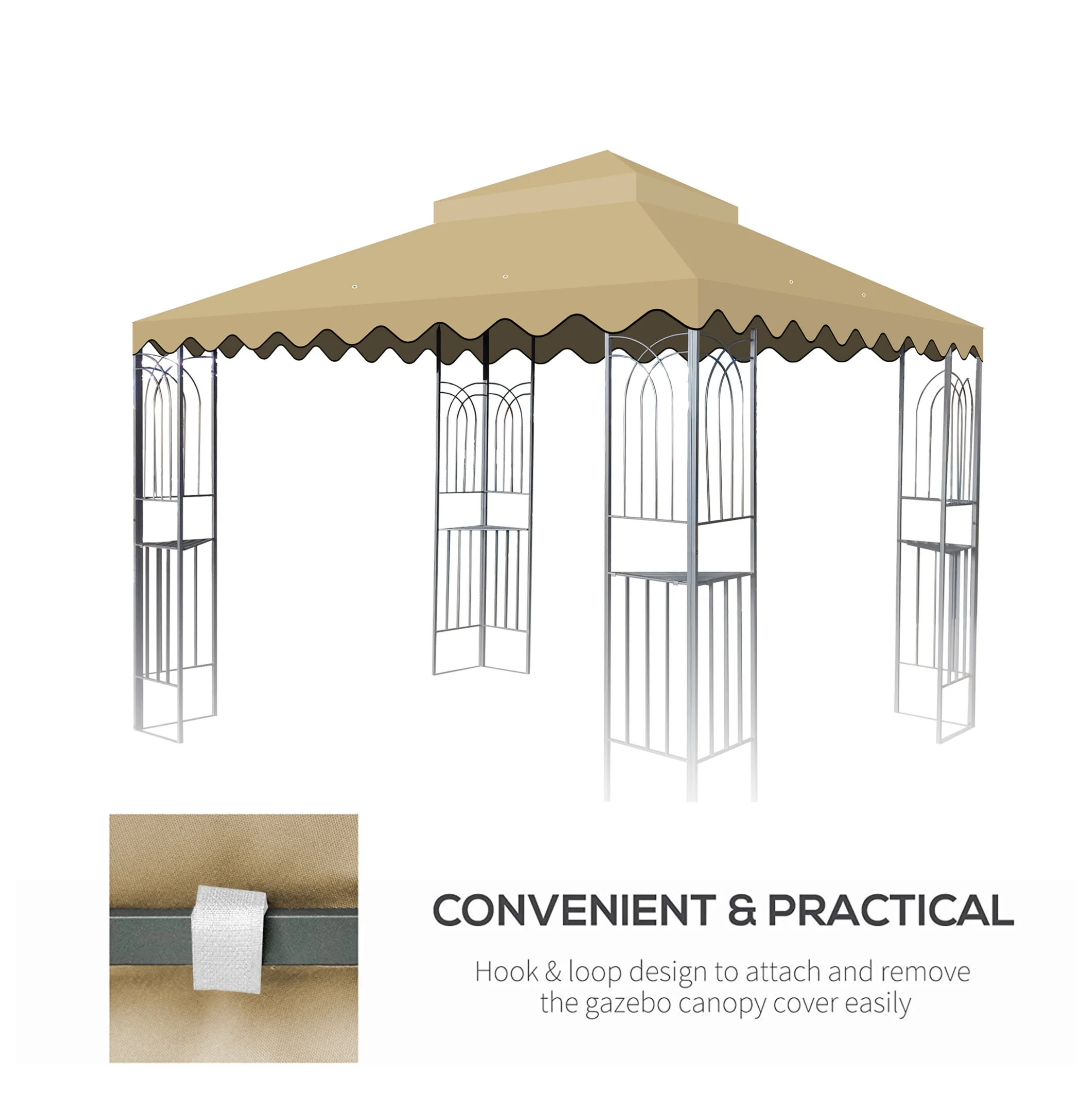 10x10 Ft Outdoor Patio Gazebo Replacement Canopy,Double Tiered Gazebo Tent Roof Top Cover Only wavy border(Frame Not Include)-Tan - Image 5