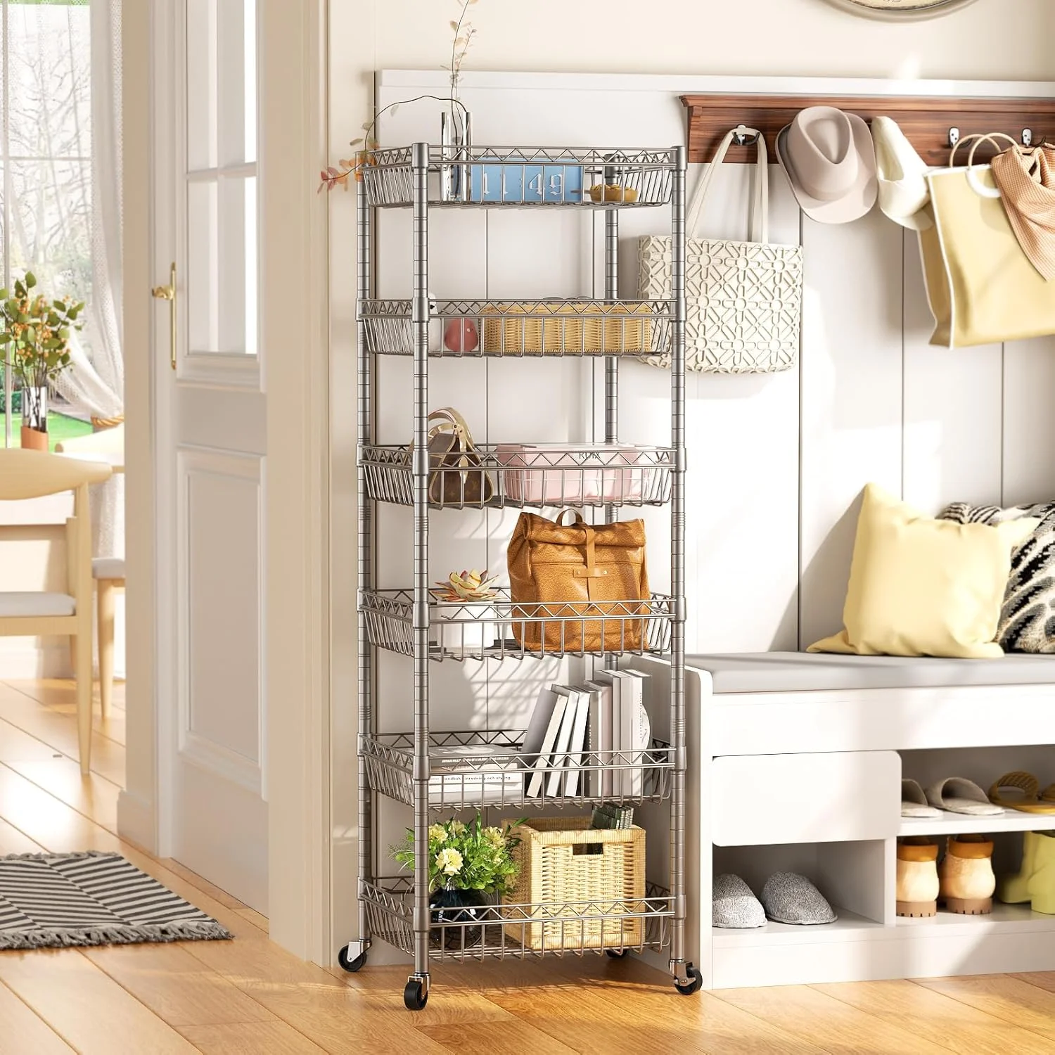 6 Tier Wire Shelving Unit with Wheels Baskets Storage Rack Corner Shelves Adjustable Shelf Closet Bathroom Organizers Metal Pantry Kitchen Garage Laundry Room 13.5" D x 13.5" W x 63" H Silver - Image 11